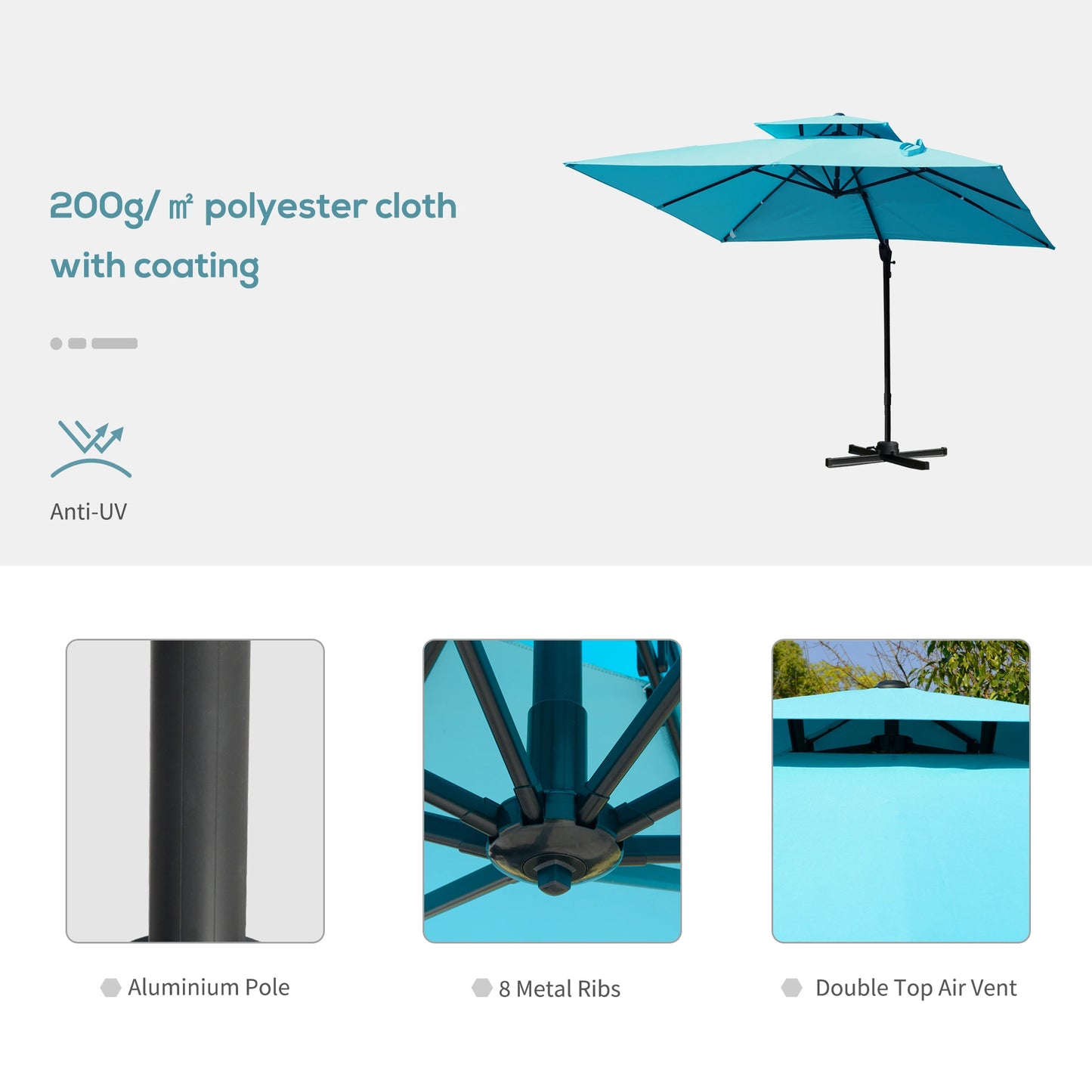 Outsunny 10' x 10' Patio Umbrella Outdoor Square Cantilever Offset Umbrella Aluminum with 360° Rotation, 5 Adjustable Tilt Angles and Umbrella Cover, Light Blue