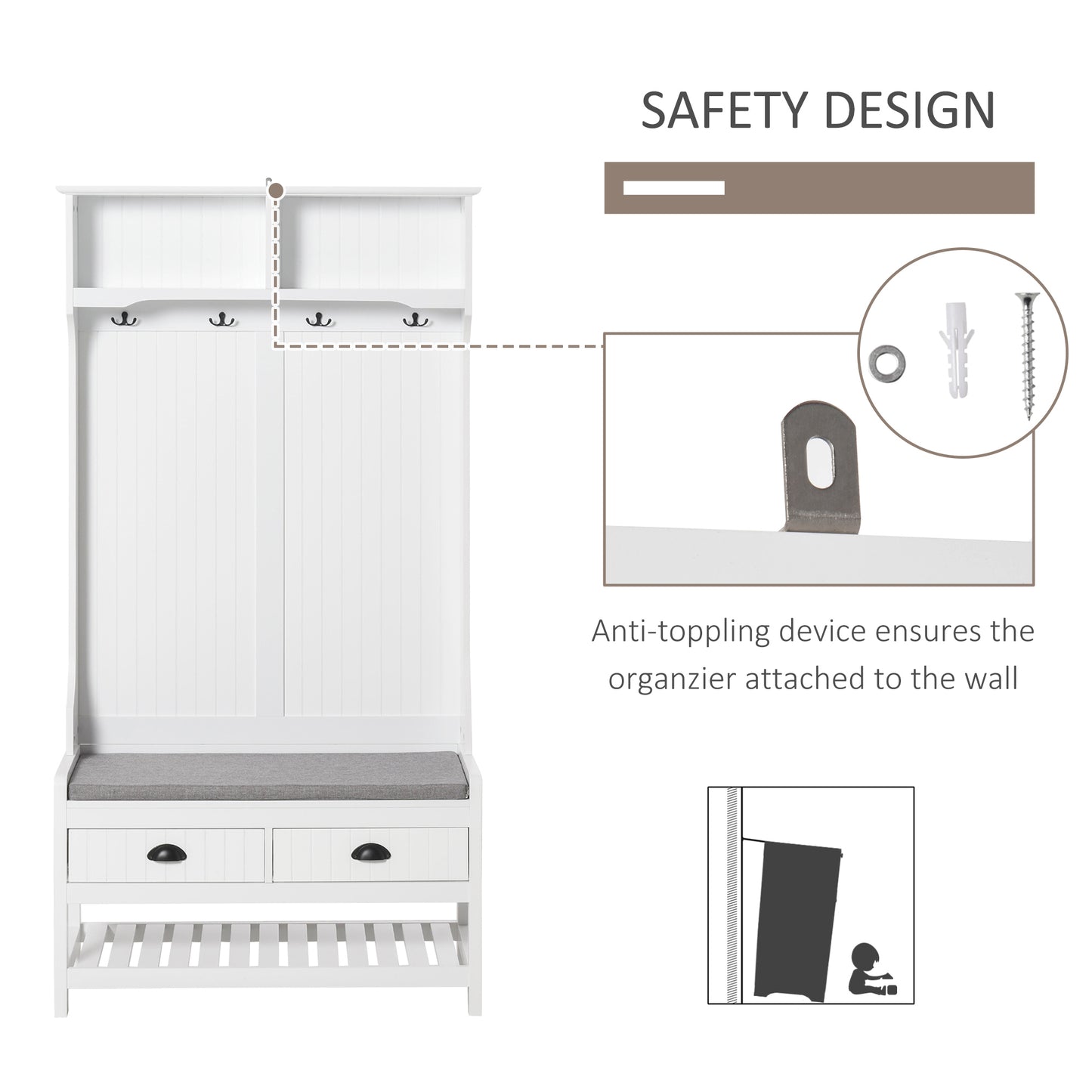 Coat Rack Stand Shoe Storage Bench Hall Tree Organizer with Hooks Shelves Drawers Padded Seat Cushion for Entryway Hallway Foyer Bedroom Living Room White