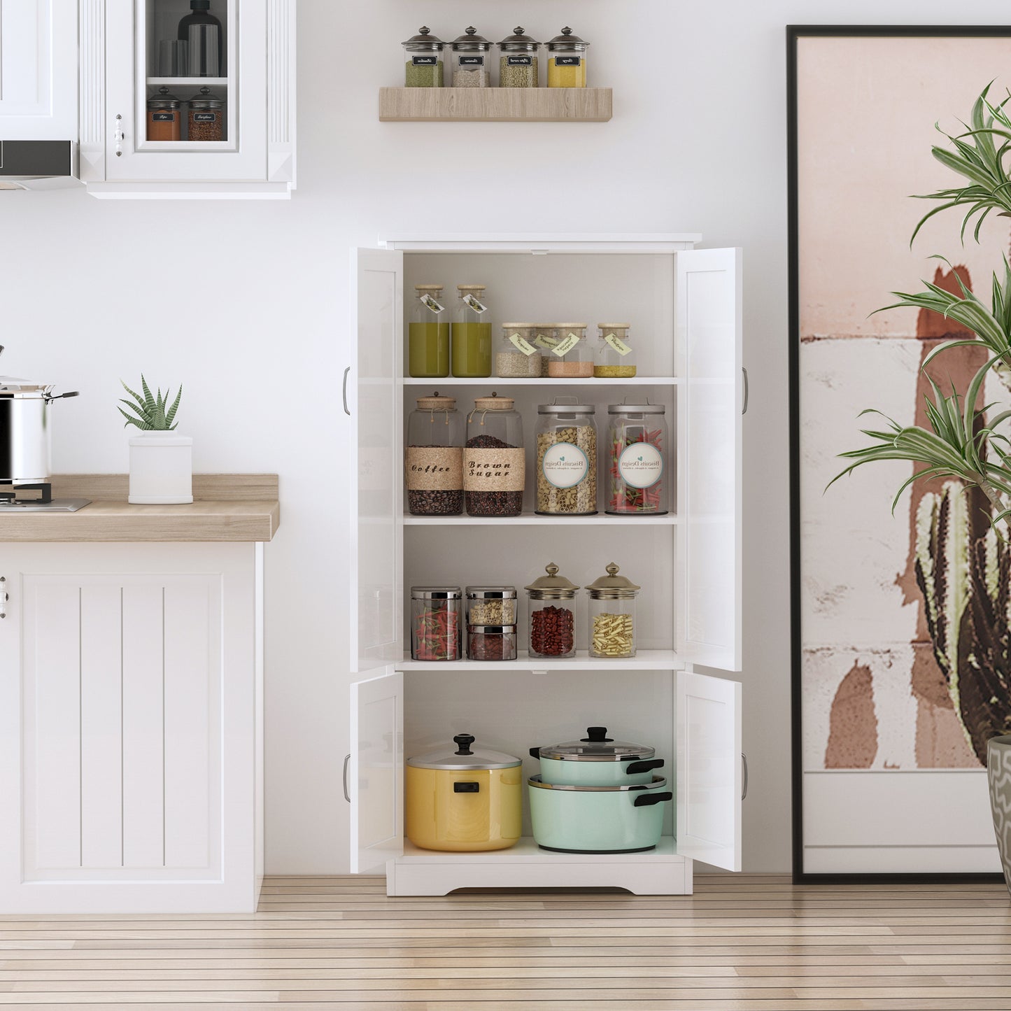 Accent Floor Storage Cabinet Kitchen Pantry with Adjustable Shelves and Doors, White