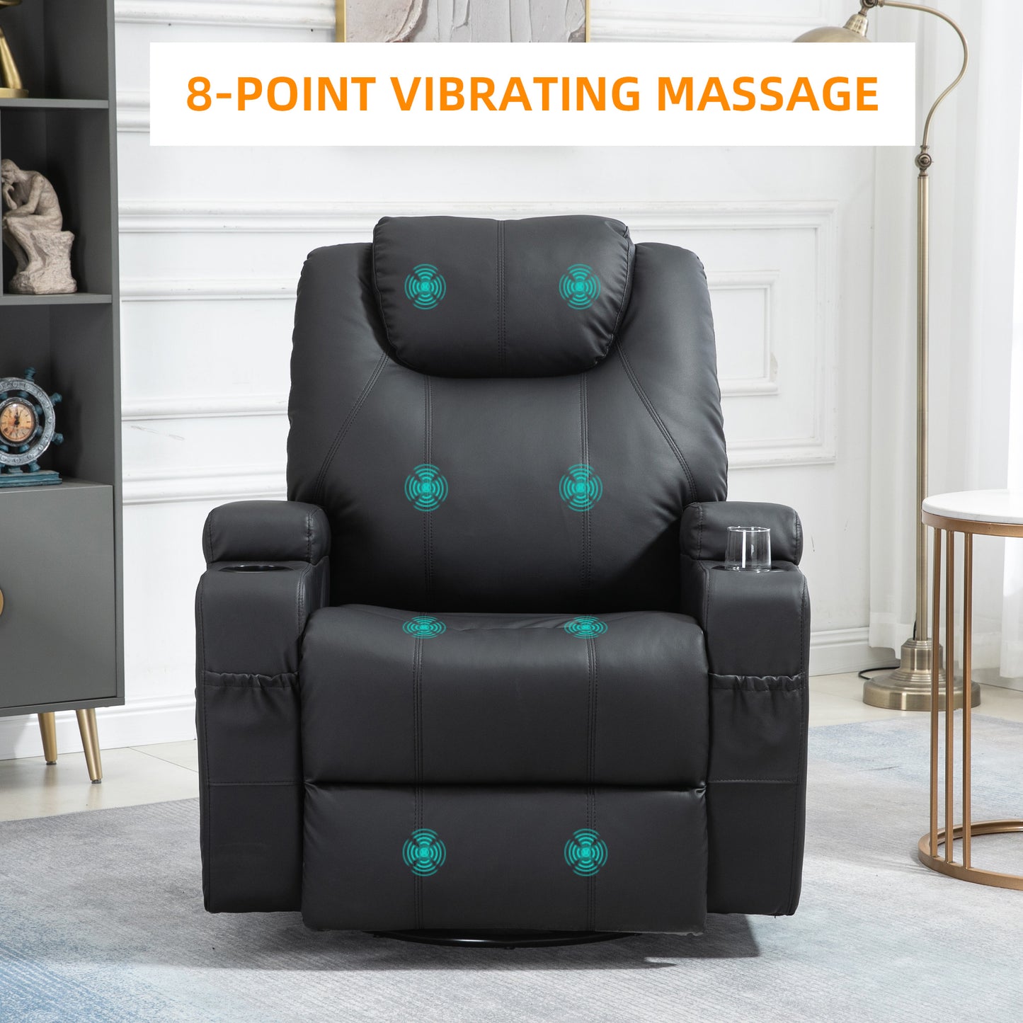 Faux Leather Recliner Chair with Massage, Vibration, Muti-function Padded Sofa Chair with Remote Control, 360 Degree Swivel Seat with Dual Cup Holders, Black