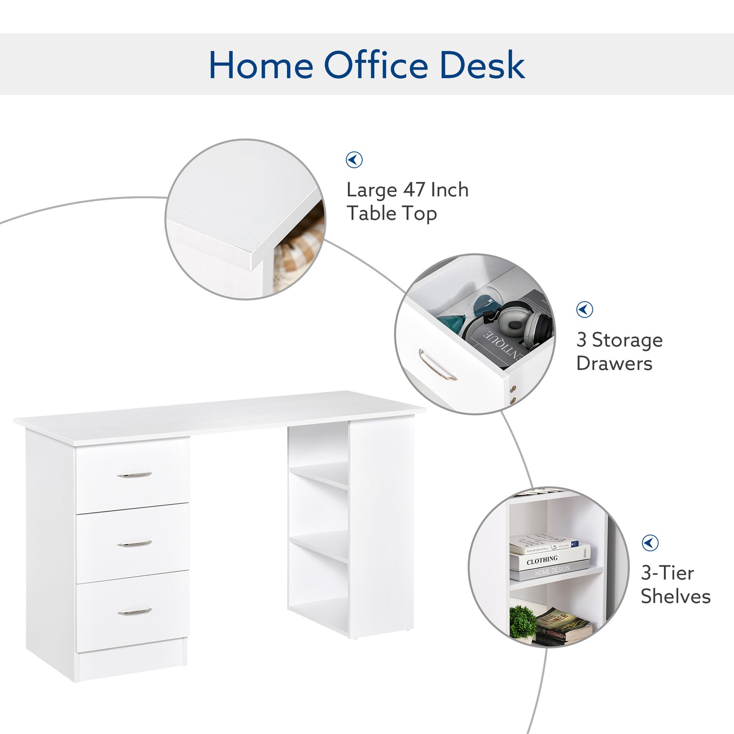 Computer Writing Desk Study Table Student Workstation w/ 3 Shelf & 3 Storage Drawers Home Office Furniture White