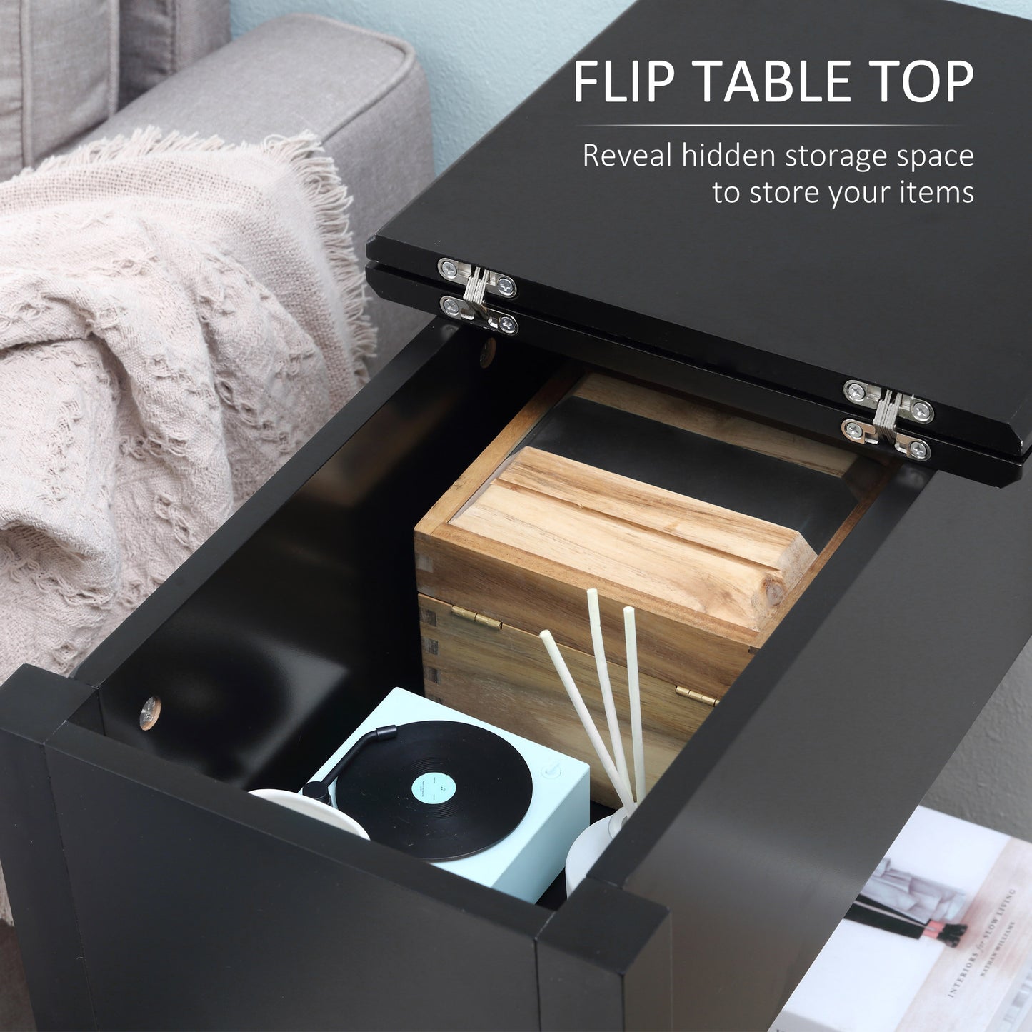 Flip Top End Table, Side Table with Storage Shelf and Cable Management, Narrow Nightstand for Living Room, Bedroom, Black