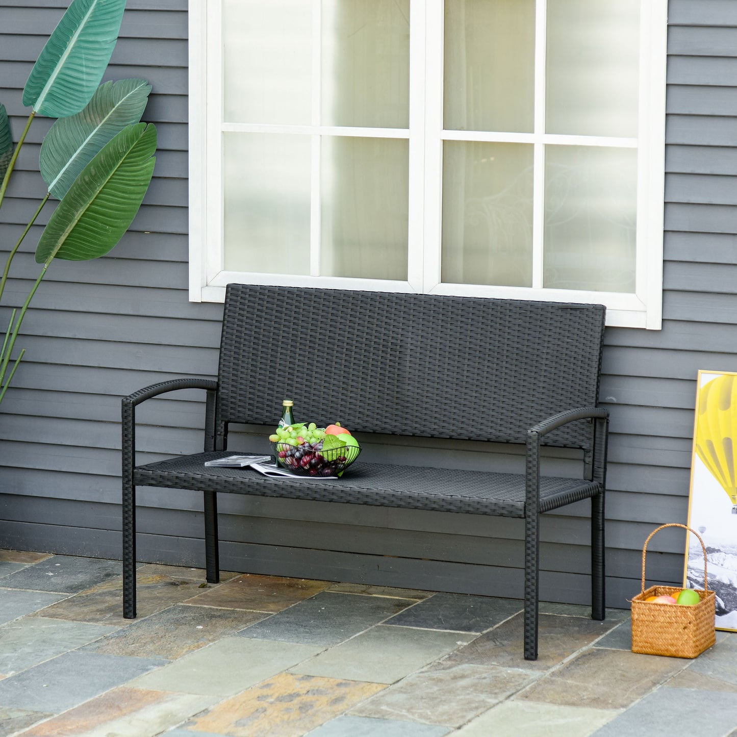 Outsunny Rattan Wicker Loveseat Garden Furniture Hand Woven Portable Backyard Black