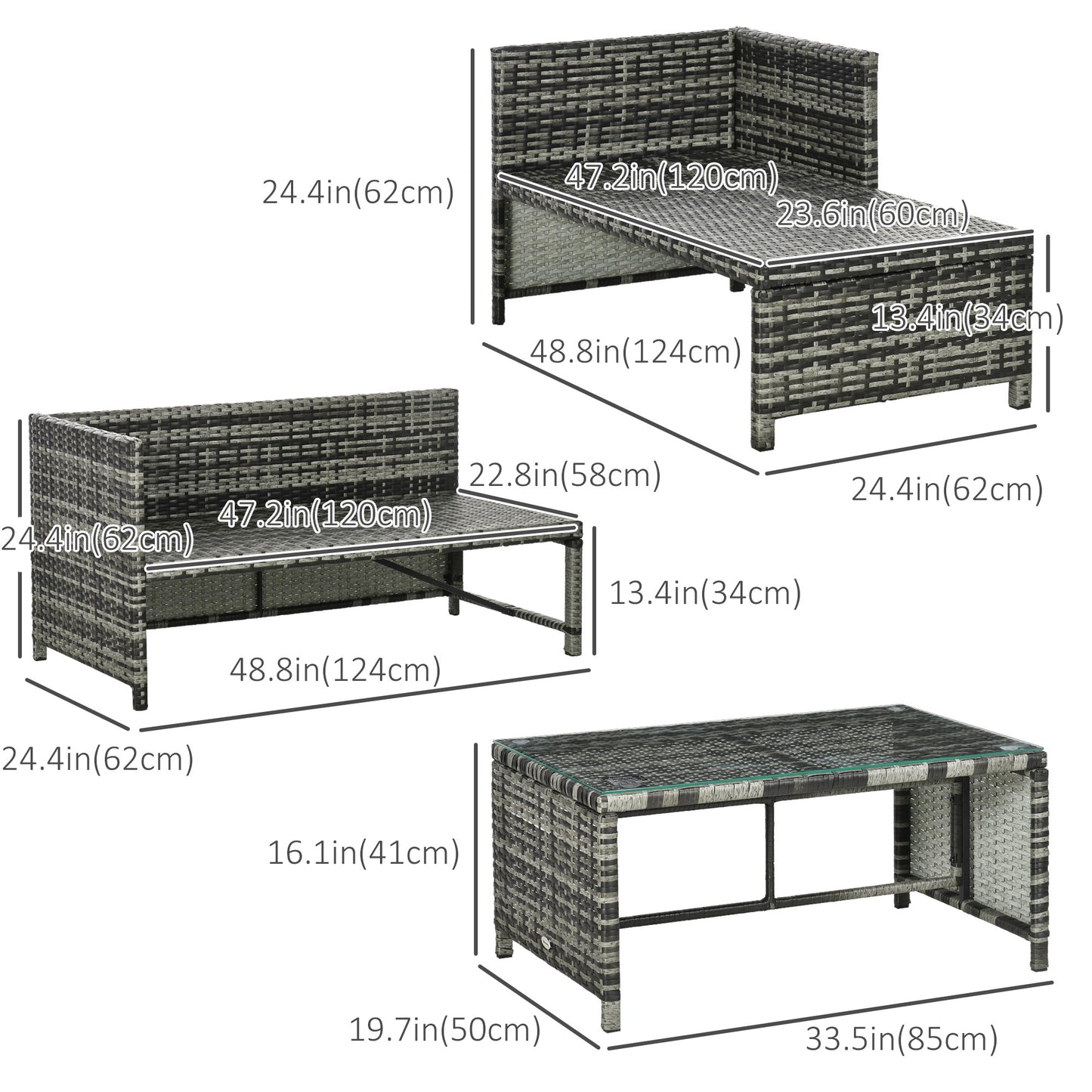 Outsunny 3 Piece Outdoor Patio Furniture Set with Loveseat Sofa, Chaise Lounge, Tempered Glass Table and Cushions, Sectional Wicker Rattan conversation Set for Backyard, Gry