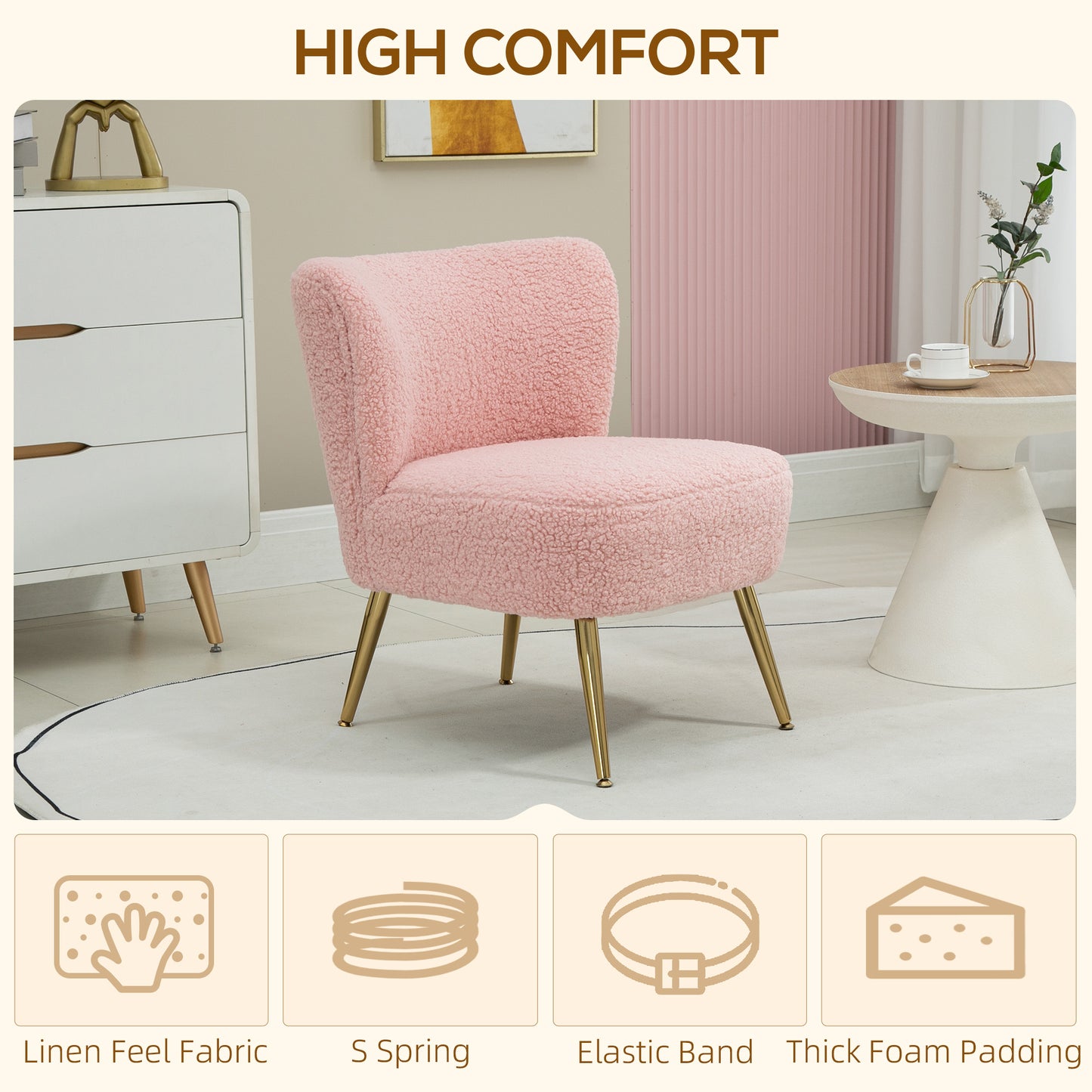 Lounge Chair for Bedroom Living Room Chair with Soft Upholstery and Gold Legs Pink