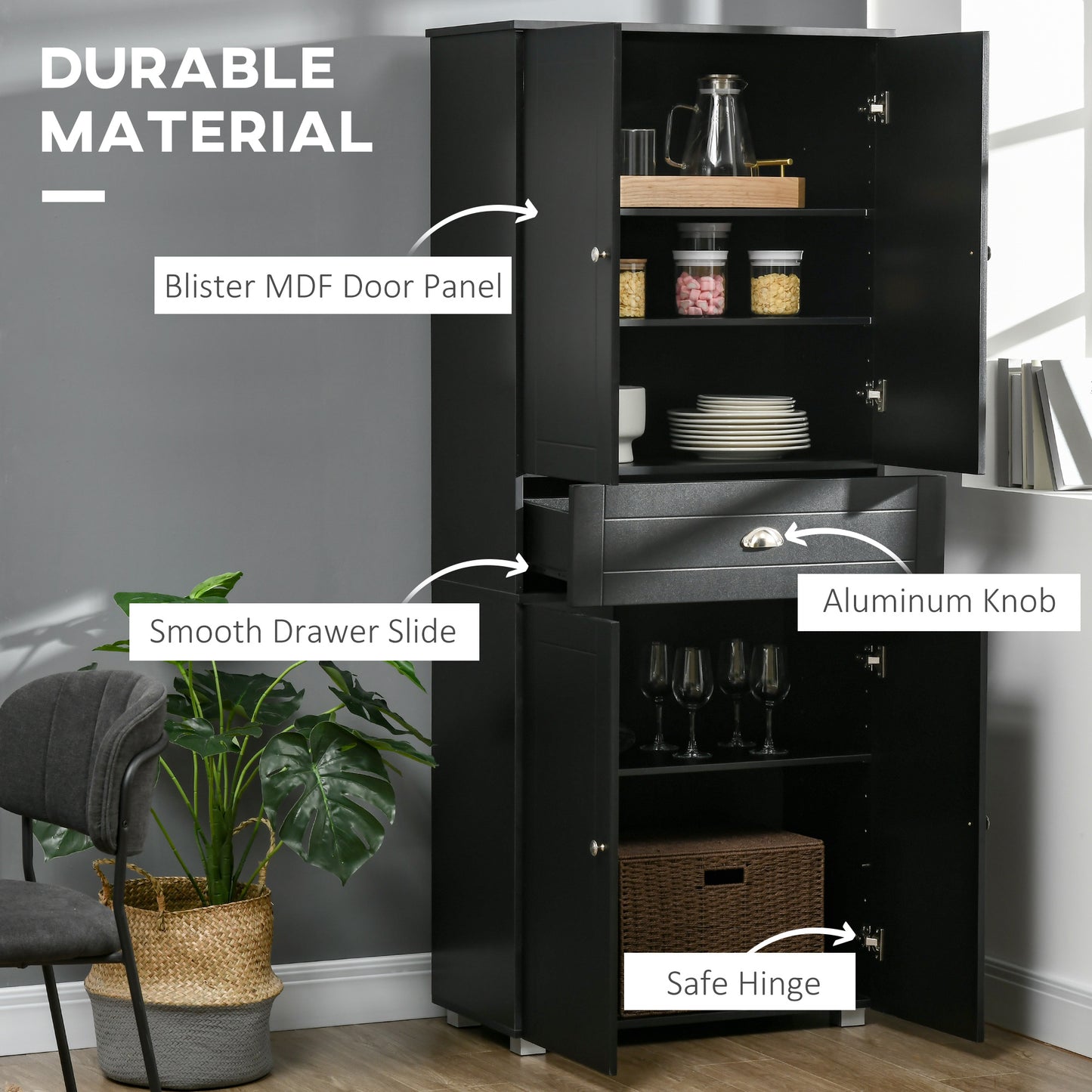 71" Freestanding Kitchen Pantry Storage Cupboard Floor Utility Cabinets with Drawer and 3 Adjustable Shelves for Dining Room, Living Room, Black