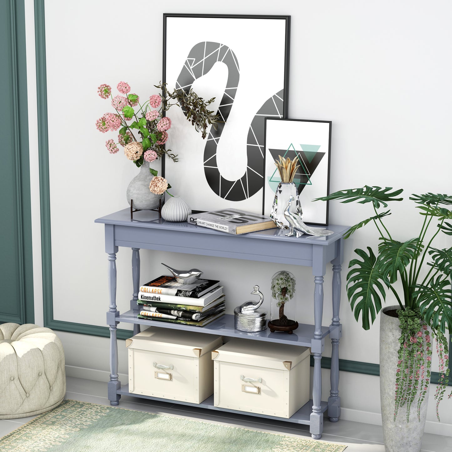 Console Table Modern Sofa Table with 2 Tier Shelves for Living Room, Entryway, Bedroom, Grey