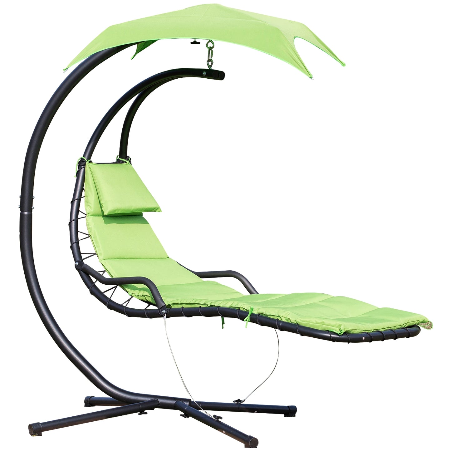 Outsunny Floating Chaise Lounge Outdoor Porch Swing Chair Hanging Hammock Reclining Seat w/ Arc Stand & Canopy Umbrella Green