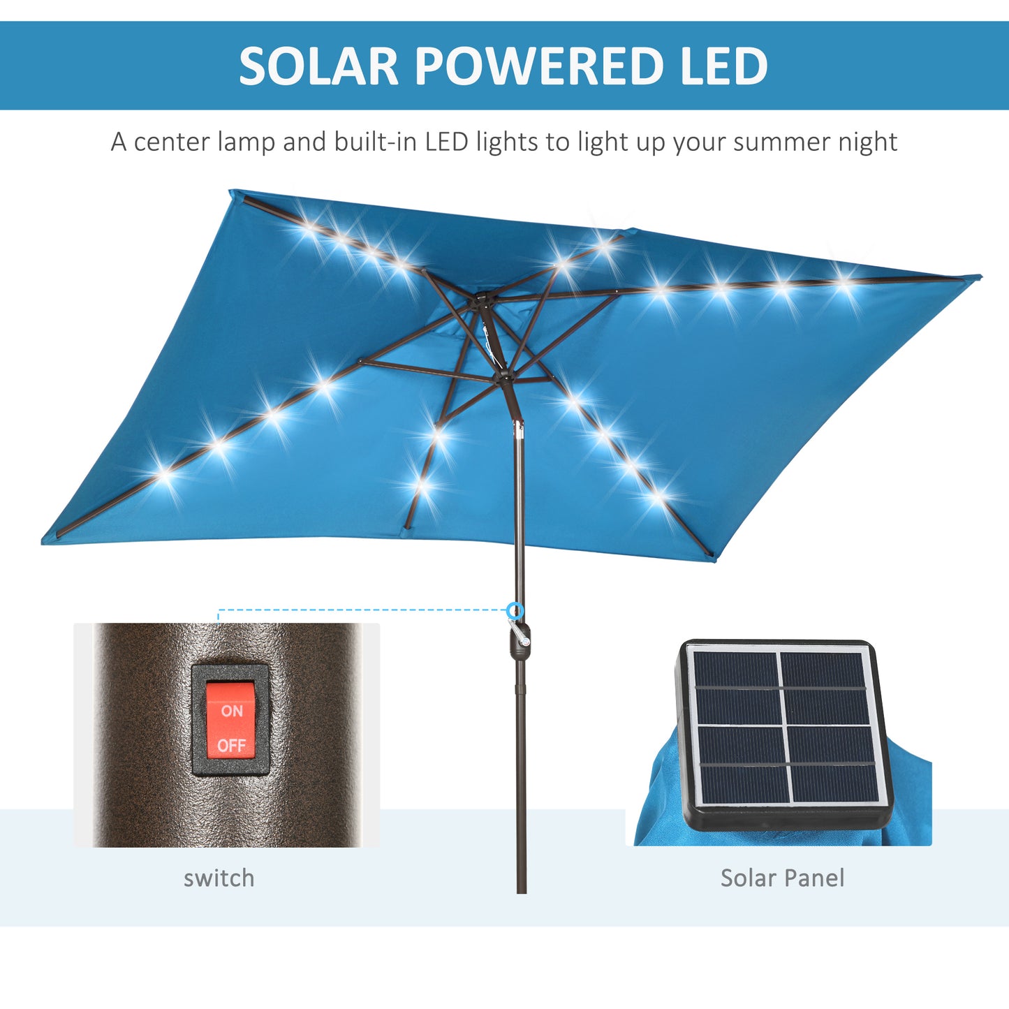 Outsunny 6.5x10ft Patio Umbrella Rectangle Solar Powered Tilt Aluminum Outdoor Market Parasol with LEDs Crank (Turquoise)