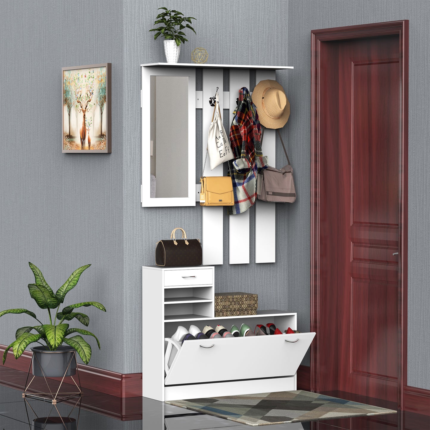 Entryway Organizer Unit 3 In 1 Design Hall Tree with Coat Rack Shoe Storage Shelf Mirror for Hallway Livingroom White