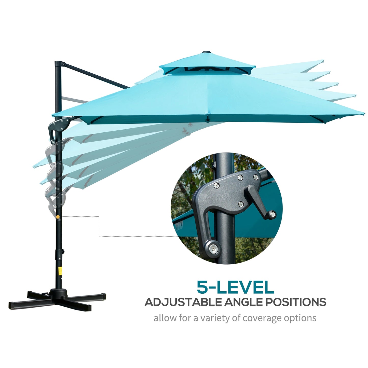 Outsunny 10' x 10' Patio Umbrella Outdoor Square Cantilever Offset Umbrella Aluminum with 360° Rotation, 5 Adjustable Tilt Angles and Umbrella Cover, Light Blue