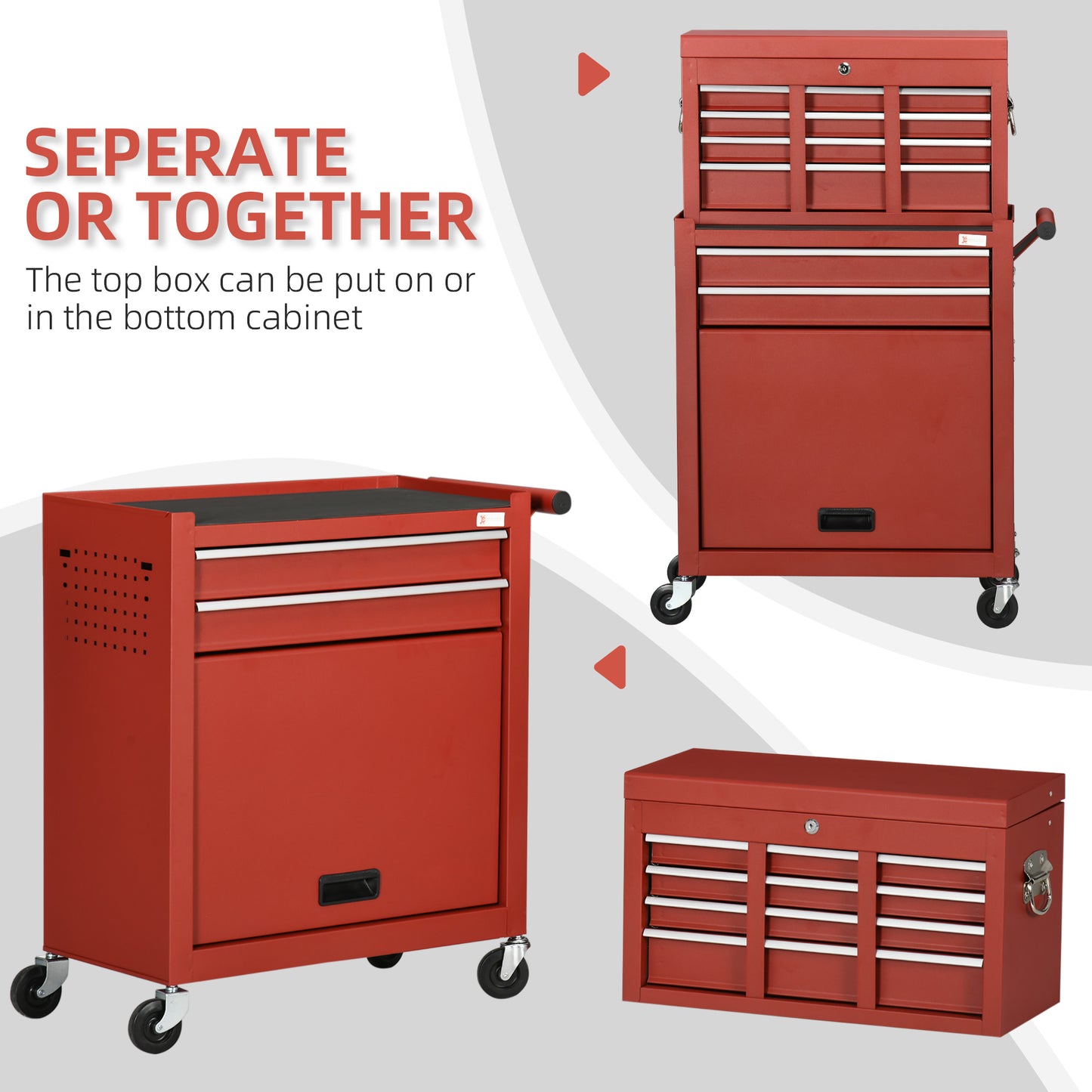 6-Drawer Tool Chest Set with 4 Wheels, Lockable Rolling Tool Box and Storage Cabinet, Removable Portable Set-Top Box Tool Organizer for Garage Factory Workshop, Red