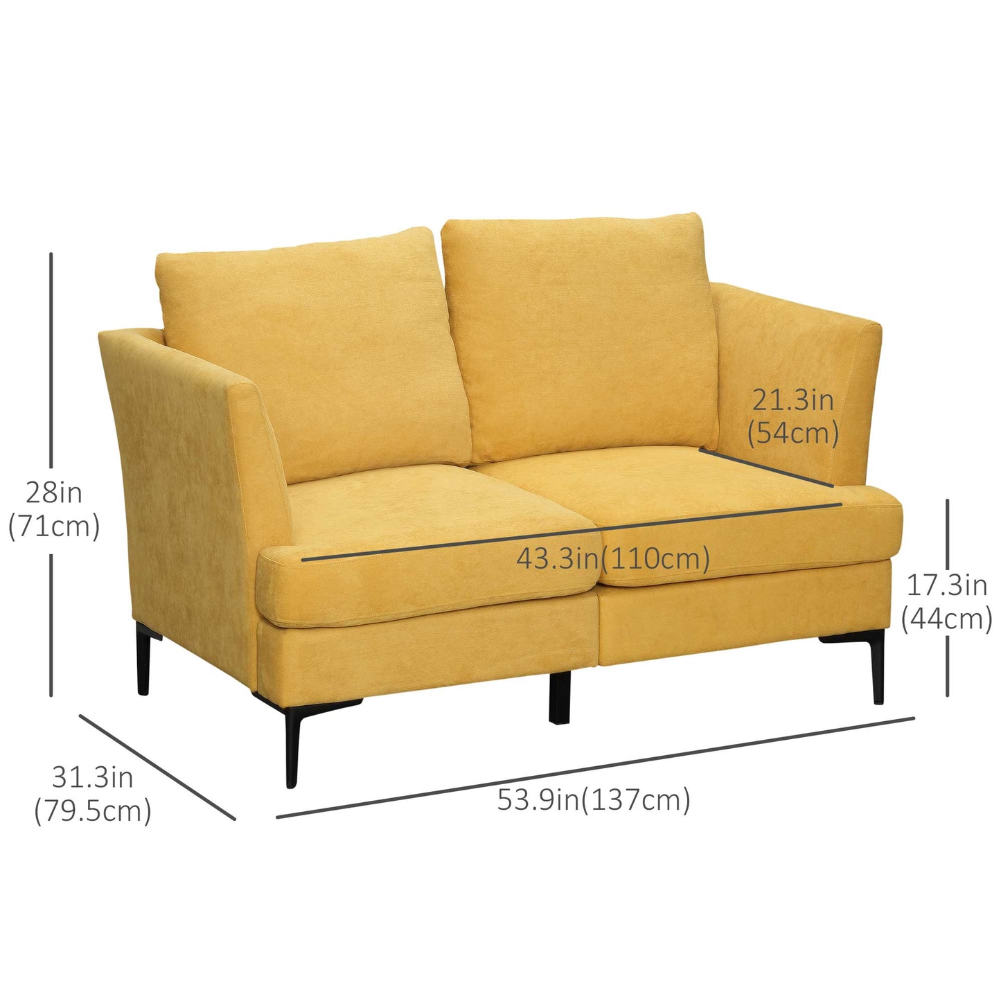 54" Loveseat Sofa for Bedroom, Modern Love Seats Furniture, Upholstered Small Couch for Small Space, Yellow