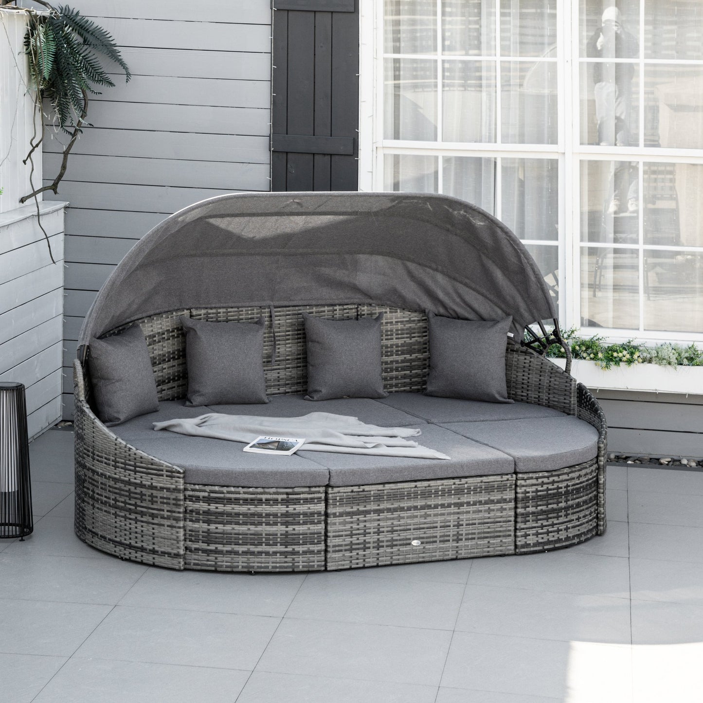 Outsunny 4 Pieces Patio PE Wicker Round Daybed, Outdoor Rattan Garden Lounge Furniture Sets, Sectional Conversation Sofa Set with Canopy, Cushions, & Pillows, Grey