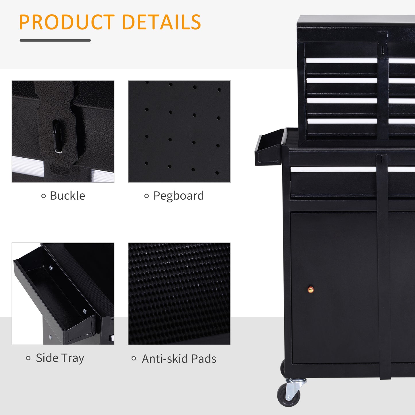 Rolling Tool Cabinet 2 in 1 Top Chest Storage Box 5 Drawers with Pegboard and Adjustable Shelf, Black