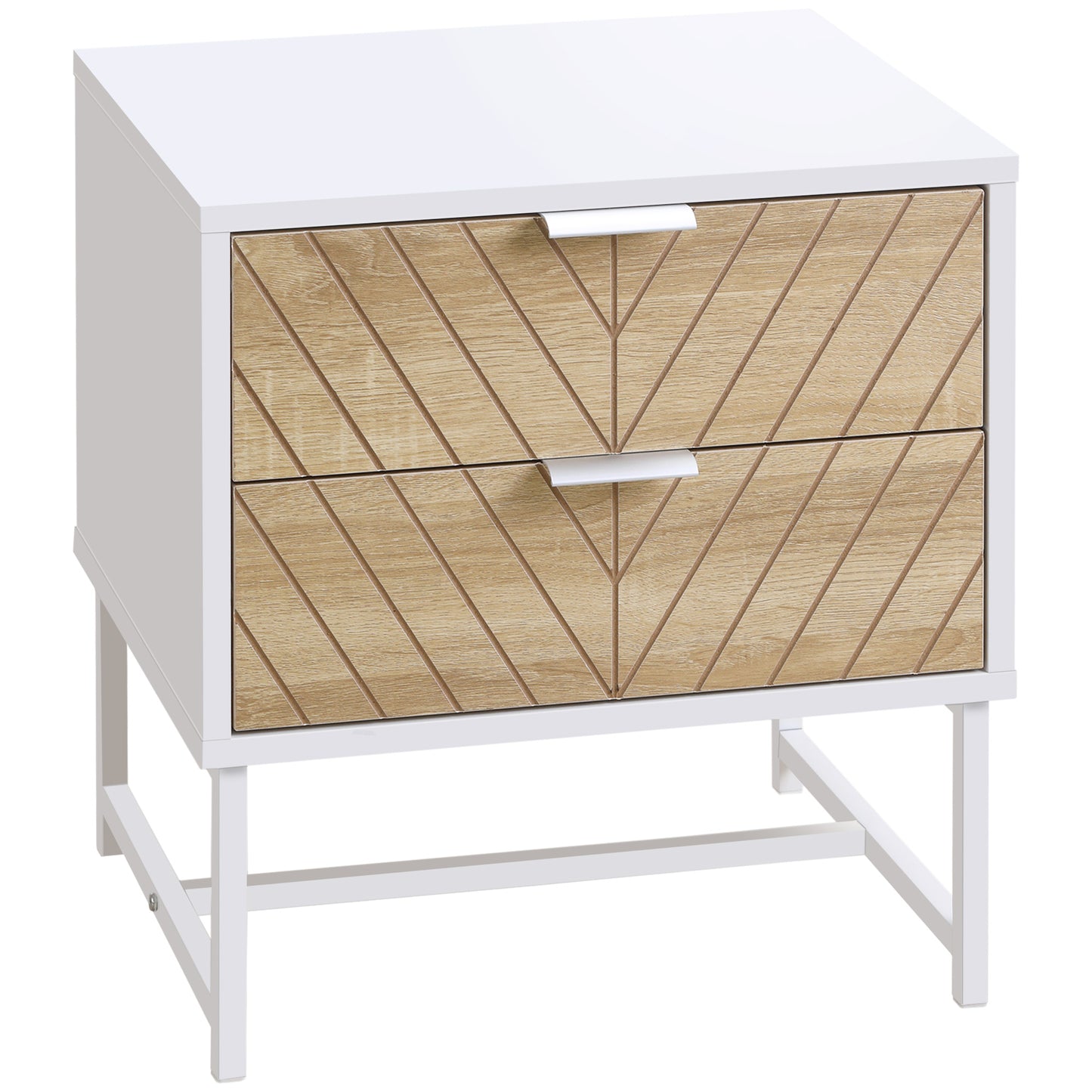 Modern Bedside Table with 2 Drawers and Steel Frame, Sofa Side Table for Bedroom Living Room, White and Oak