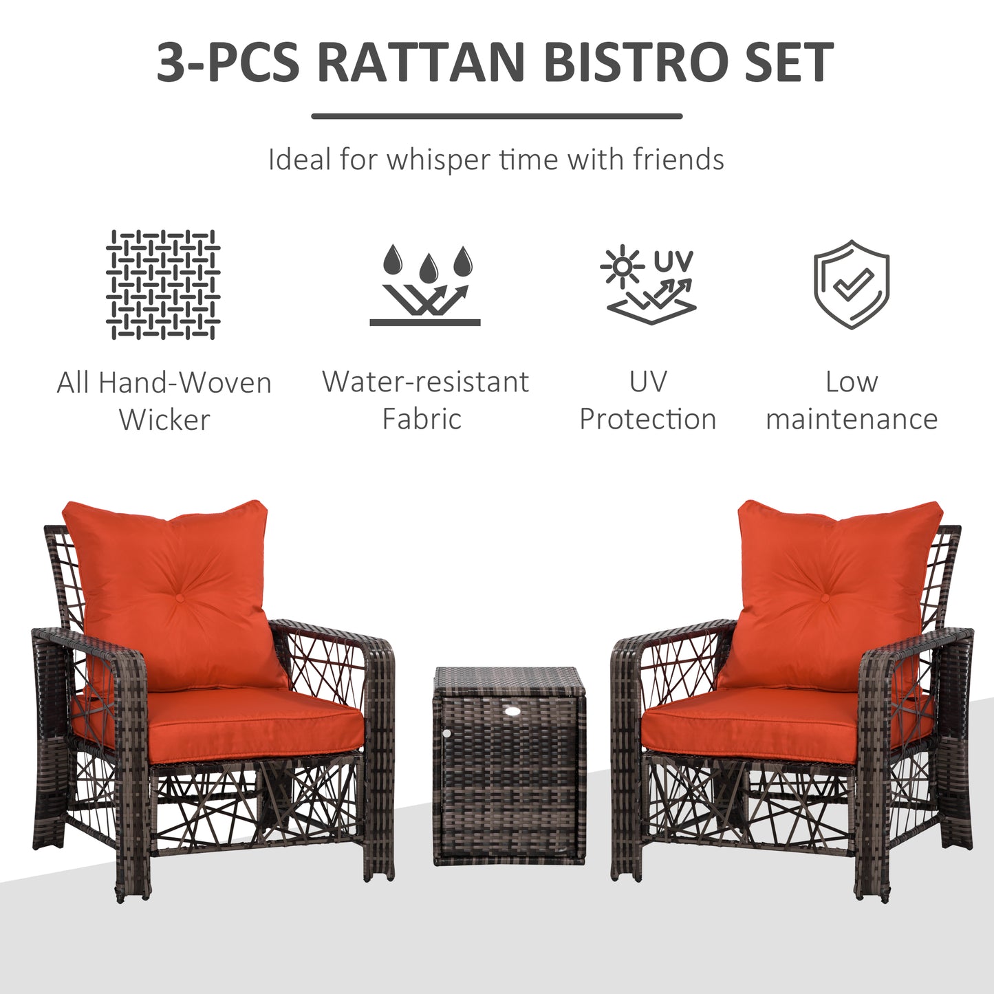 Outsunny 3 PCS Patio Wicker Coffee Table Set Bistro Conversation Furniture with Cushion & Storage Function Patio Yard Porch Red