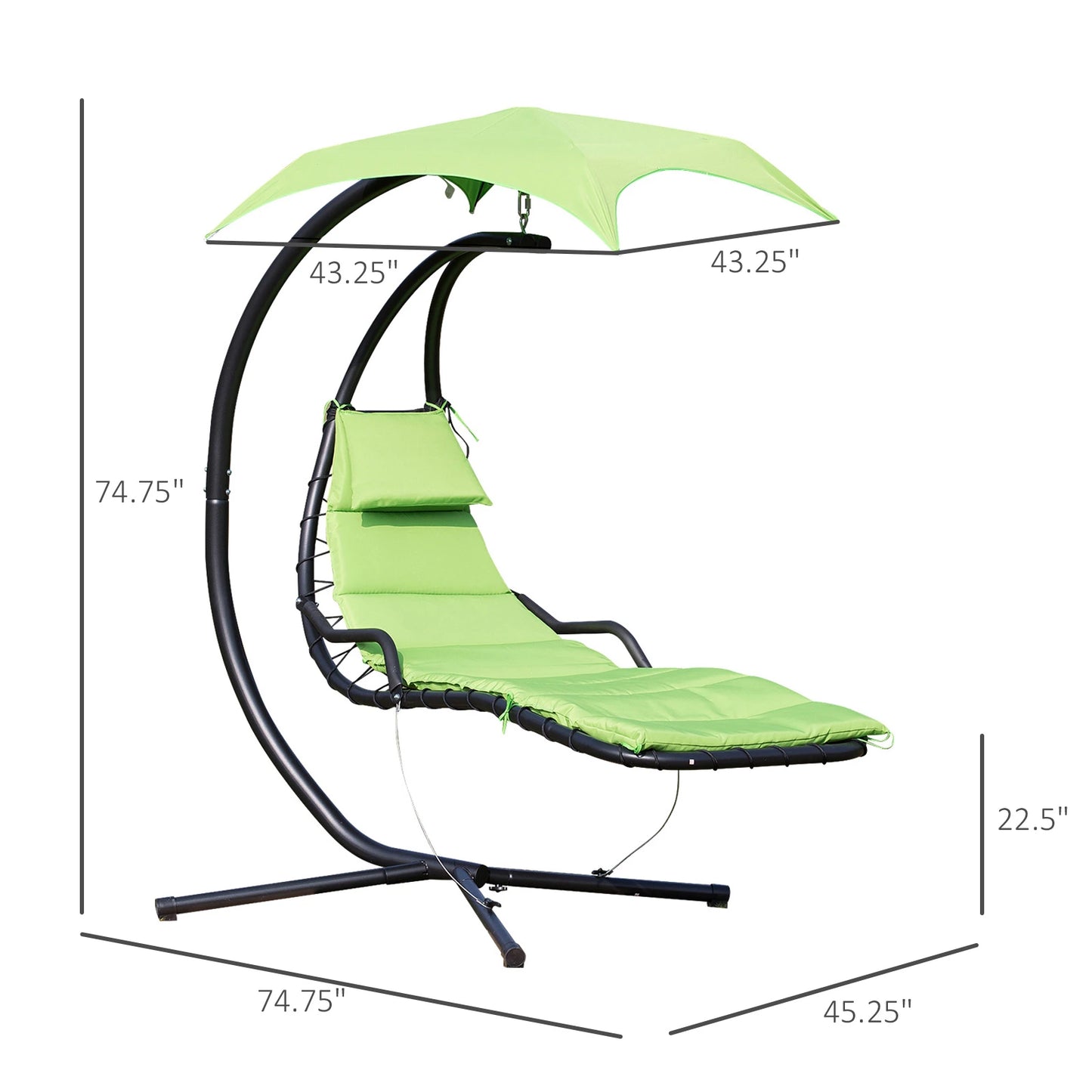 Outsunny Floating Chaise Lounge Outdoor Porch Swing Chair Hanging Hammock Reclining Seat w/ Arc Stand & Canopy Umbrella Green