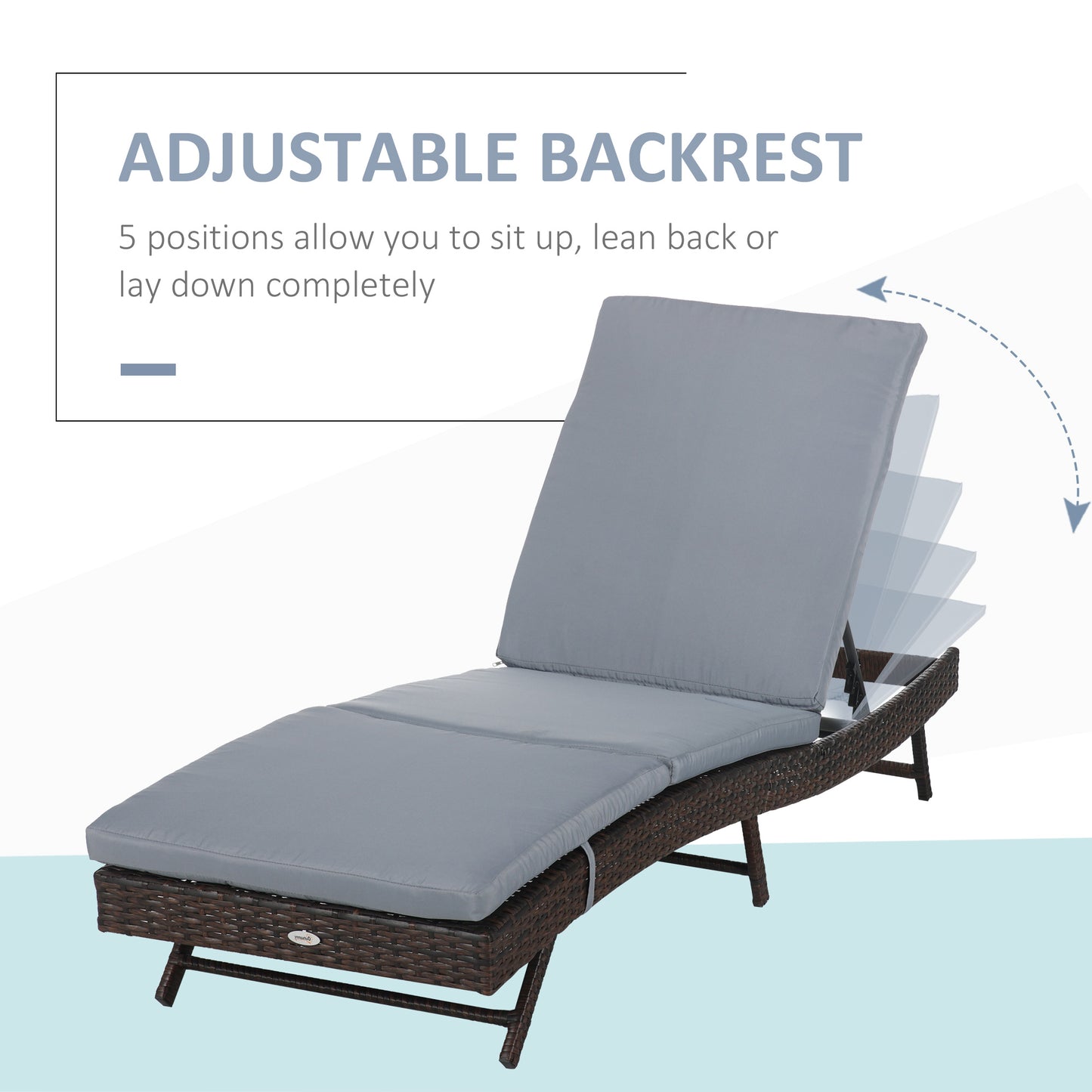 Outsunny Patio Wicker Lounger, Outdoor PE Rattan Wicker Chaise Lounge Chair w/ 5 Position Adjustable Back, Padded Cushion, Gray