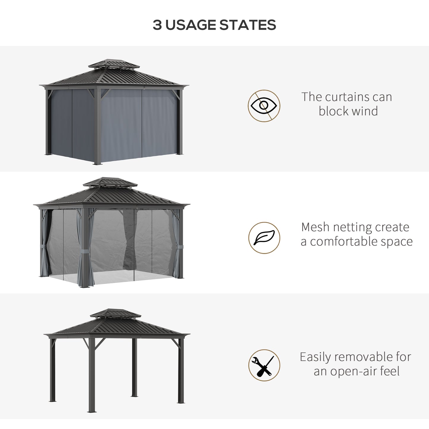 Outsunny 12' x 10' Outdoor Hardtop Gazebo with Galvanized Steel Canopy & Netting Sidewalls for Lawn, Backyard, Dark Grey