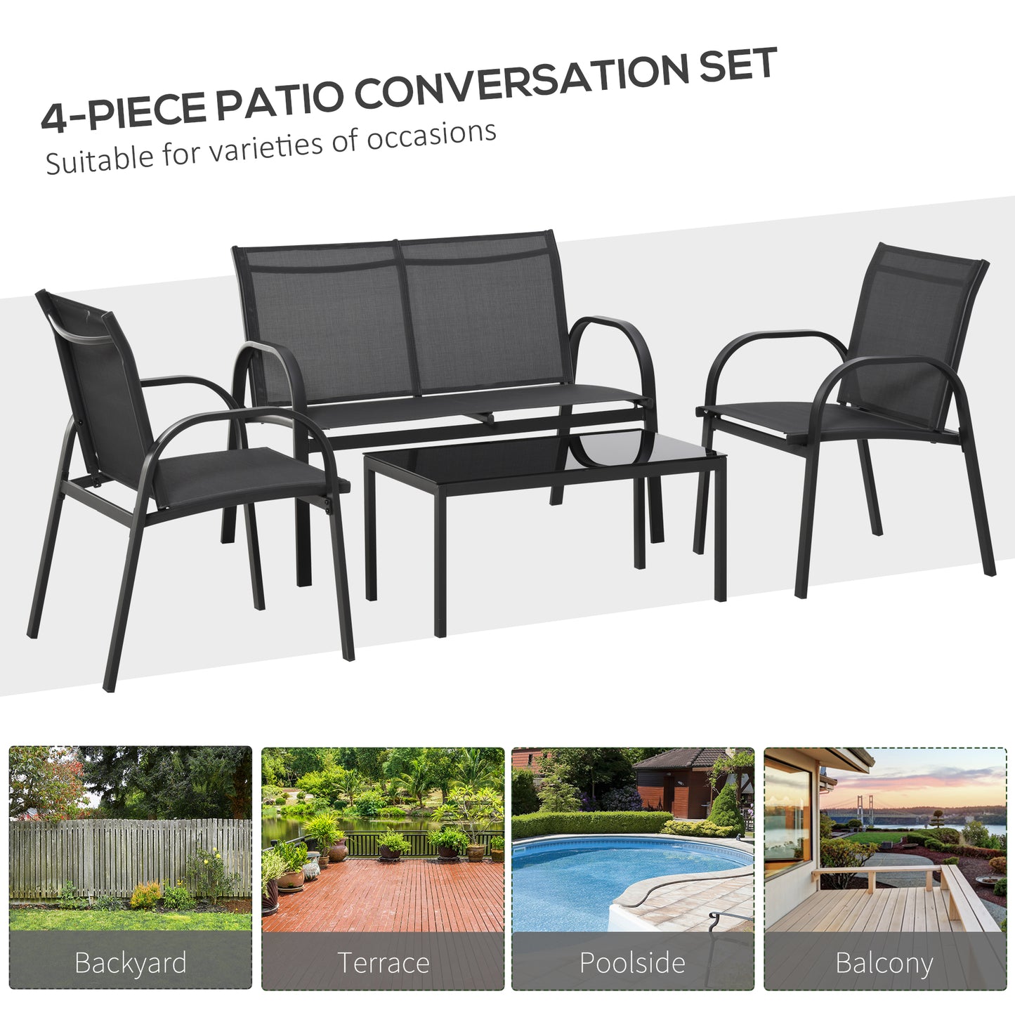 Outsunny 4-Piece Patio Furniture Set Garden Conversation Set with Loveseat, Single Chairs and Coffee Table for Backyard Poolside Balcony