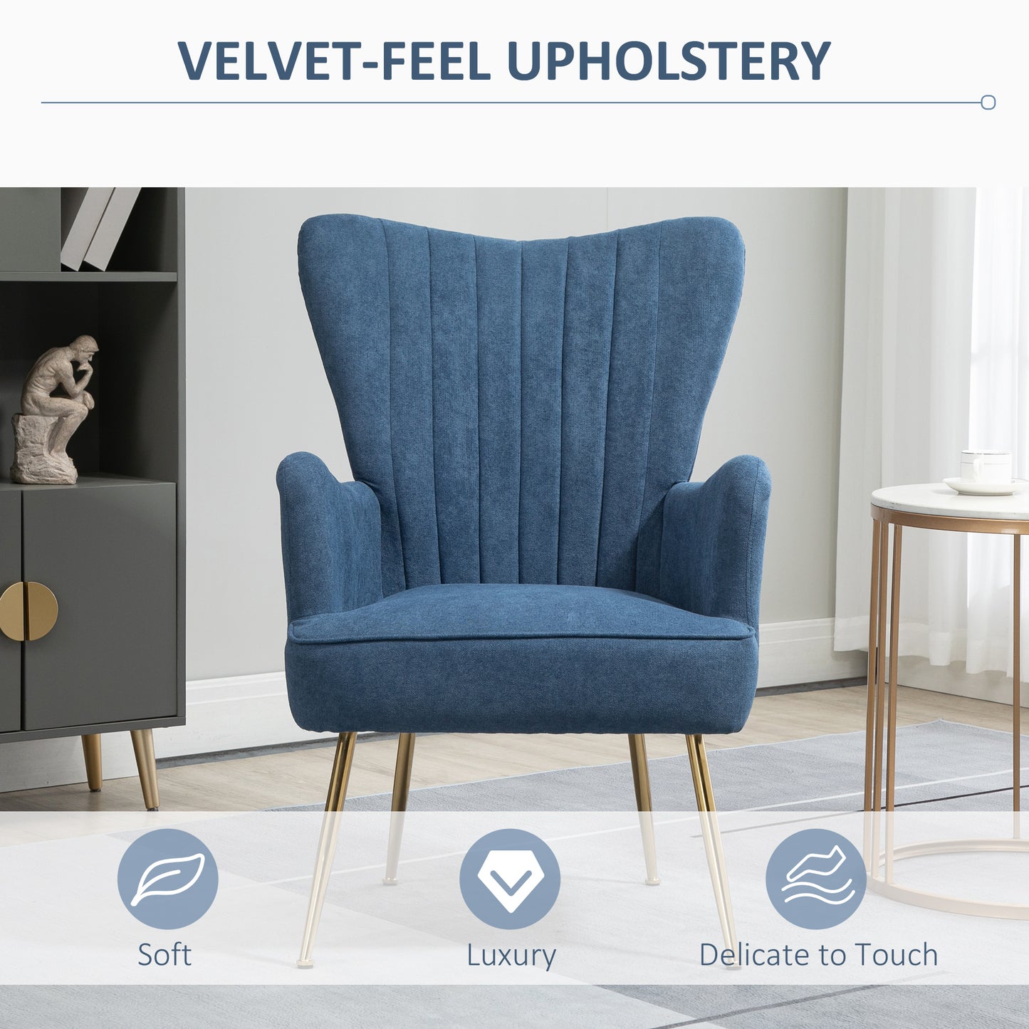 Velvet Accent Chairs, Modern Living Room Chair, Tall Back Leisures Chair with Steel Legs for Bedroom, Dinning Room, Waiting Room, Blue