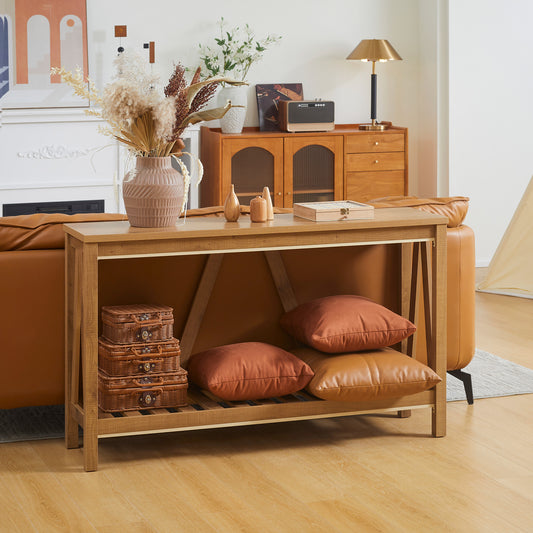 Farmhouse Console Table with Storage Shelf, Rustic Sofa Table with Anti-tipper for Living Room, Bedroom and Entryway, Brown