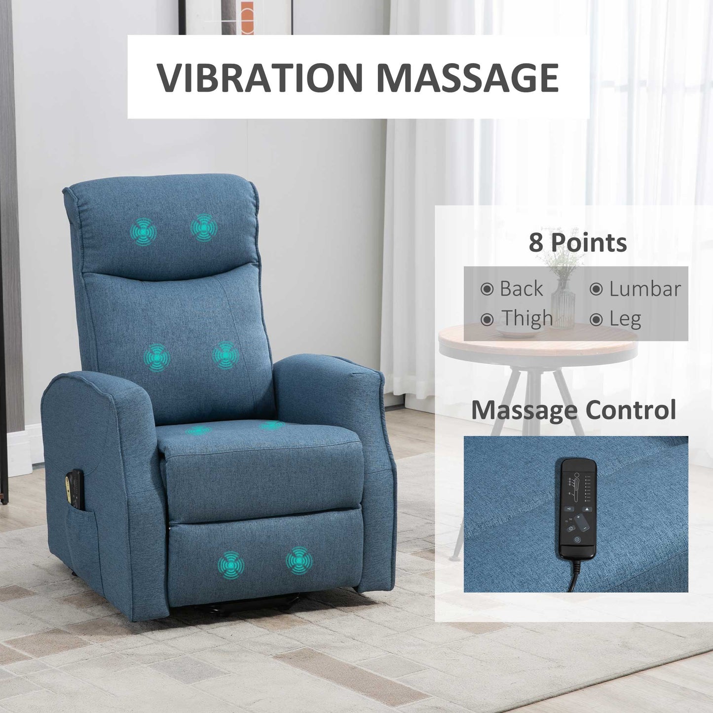 Power Lift Massage Recliner Chair for Elderly, Electric Linen Fabric Reclining Chair with 8 Vibration Points, Remote Control, Side Pockets, Blue