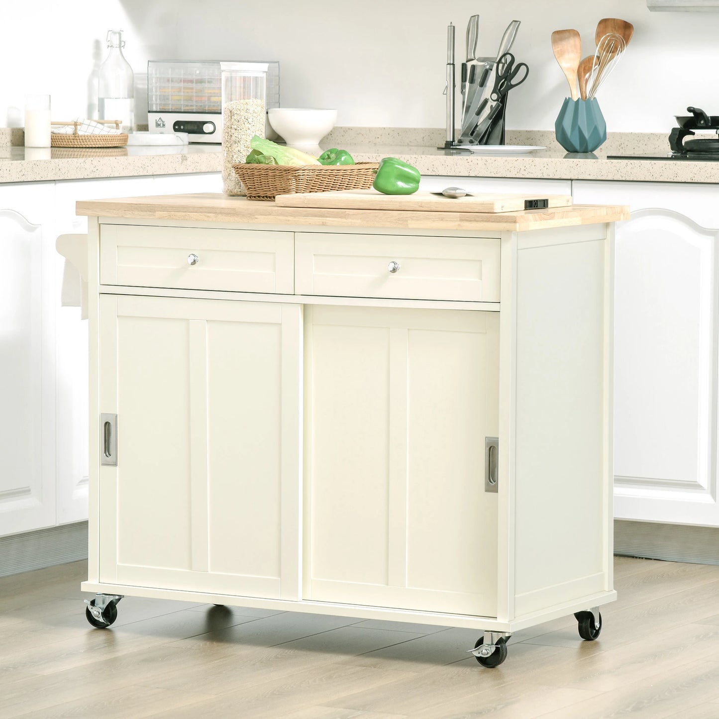 Rolling Kitchen Island Utility Trolley Storage Cart with Rubberwood Top, 2 Drawers, Towel Rack, Cream White