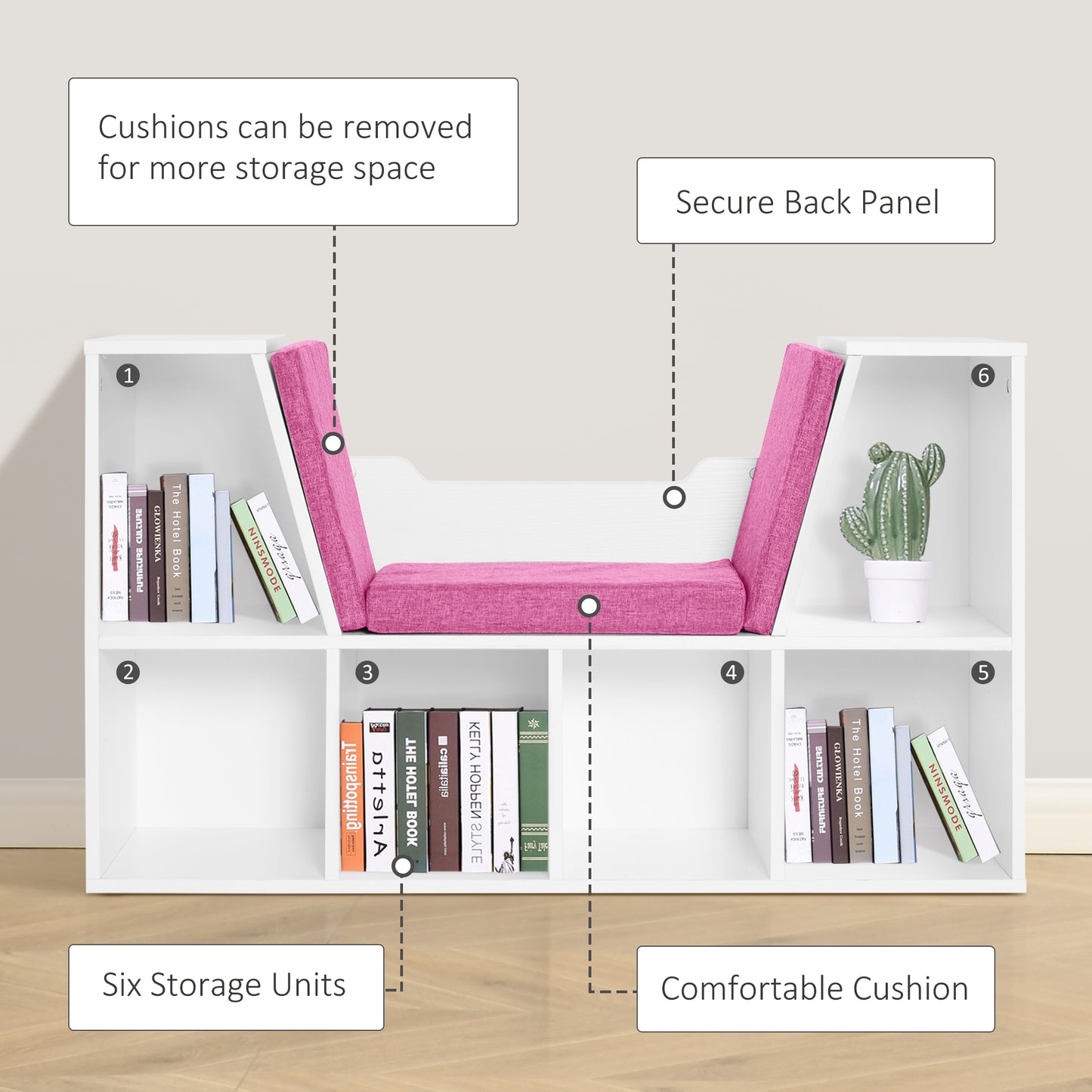 6-Cubby Kids Bookcase w/ Cushioned Seat Reading Nook Storage Organizer Cabinet Shelf Children Bedroom Decor Room White/Pink