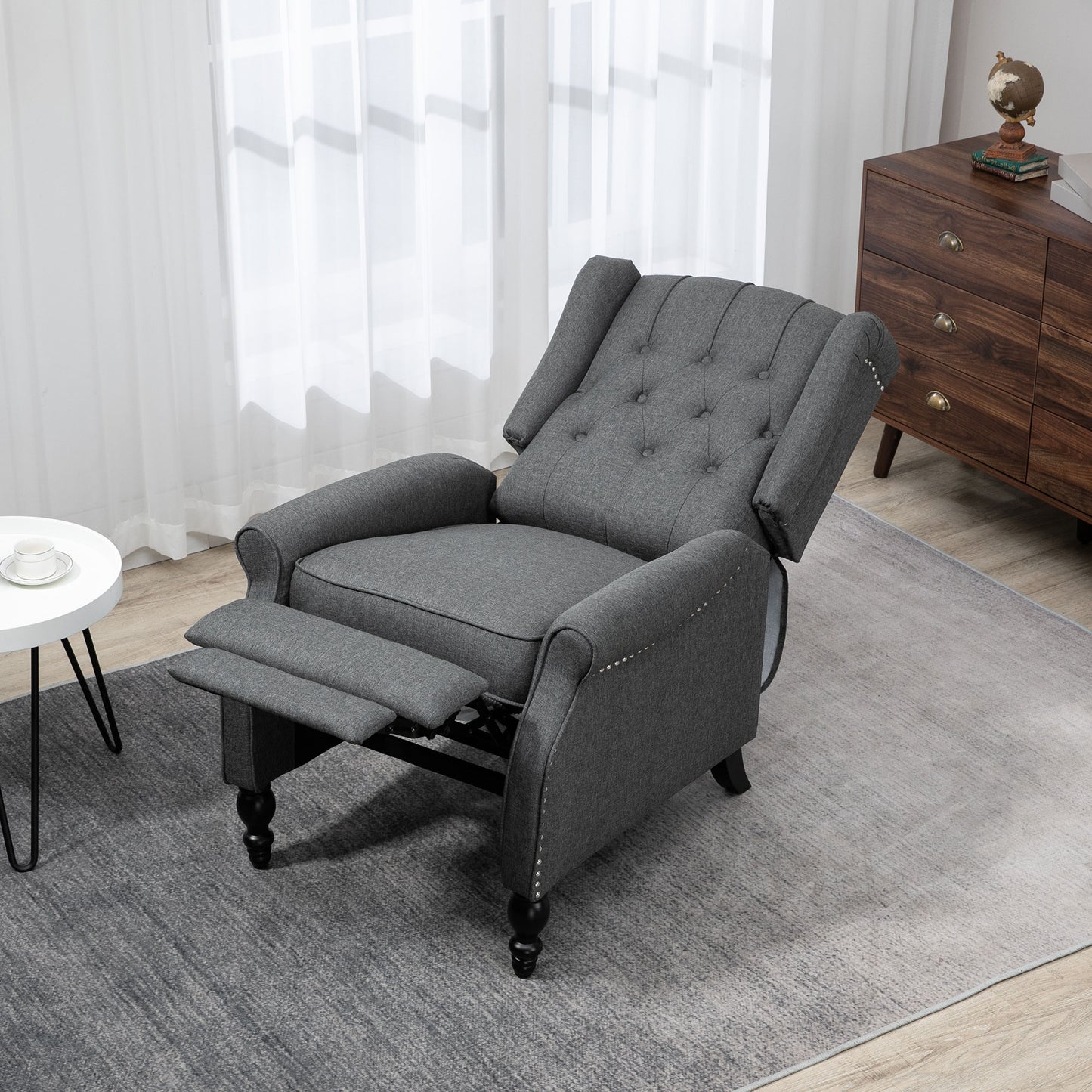 Manual Reclining Sofa, Fabric Push Back Recliner Chair with Button Tufted Backrest, Nail Head Trim, Armrest, Dark Gray