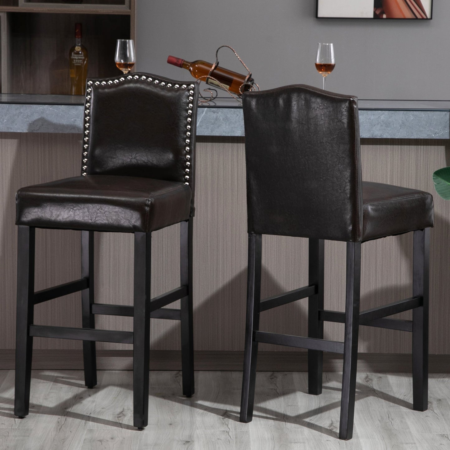 2 Pieces Retro Style Bar Stools Tall Chair with Back Footrest for Home Pub