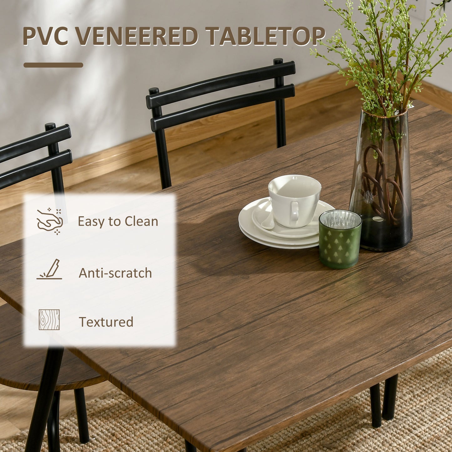 Industrial Dining Table Set for 4, Kitchen Table with 4 Chairs Steel Frame for Small Space, Dark Walnut