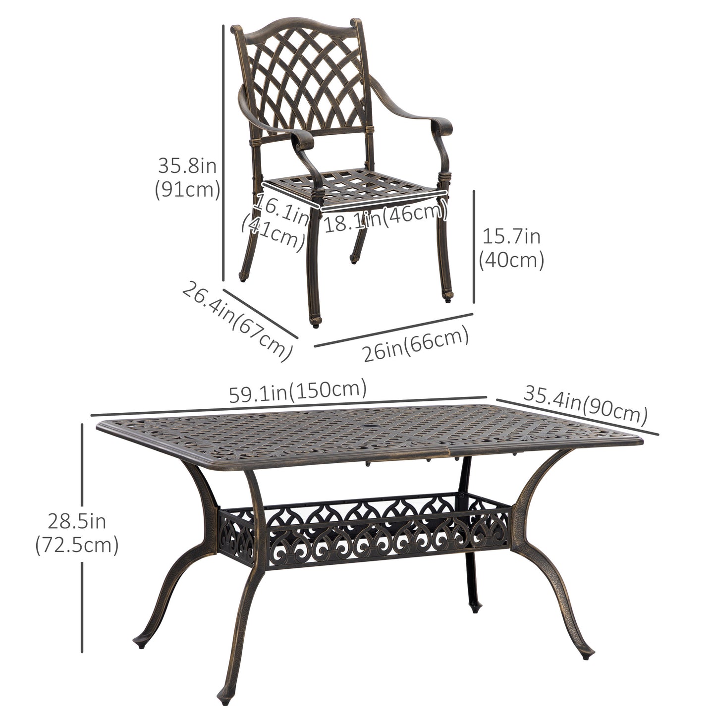 Outsunny 7 Pieces Patio Dining Set with Umbrella Hole, Cast Aluminum Outdoor Patio Furniture Set with 6 Cushioned Chairs and Rectangle Dining Table, for Garden, Lawn, Deck, Khaki