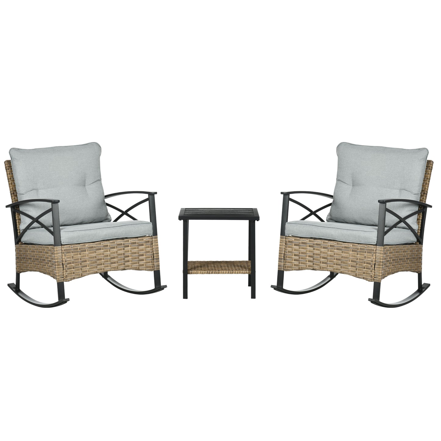 Patio Wicker 3 Pieces Rocking Chair Set, Outdoor PE Rattan Bistro Set with Padded Cushions, Rocker Chair Set and Two-tier Iron Plate Top Table for Garden, Light Gray