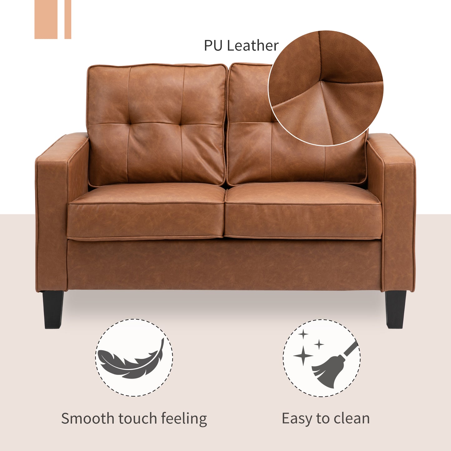 51" PU Leather Double Sofa with Sponge Padding Armrest, Tufted Back and Pocket Spring, Brown