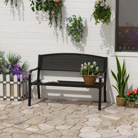 Outsunny 50" Steel Garden Bench Outdoor Patio 2-Person Park Seat Yard Furniture Loveseat, Black