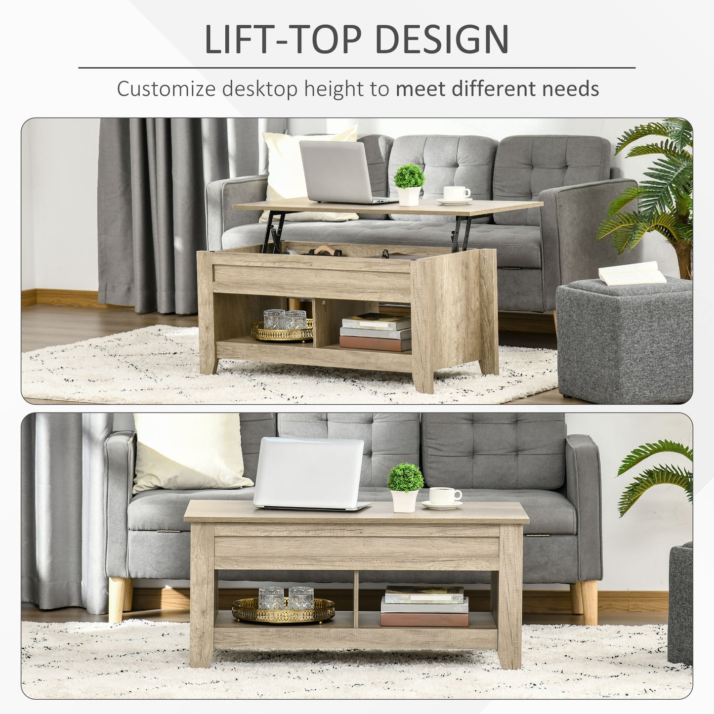 Top Coffee Table with Hidden Storage Compartment and Open Shelves, Lift Tabletop Pop-Up Center Table for Living Room, Oak Effect