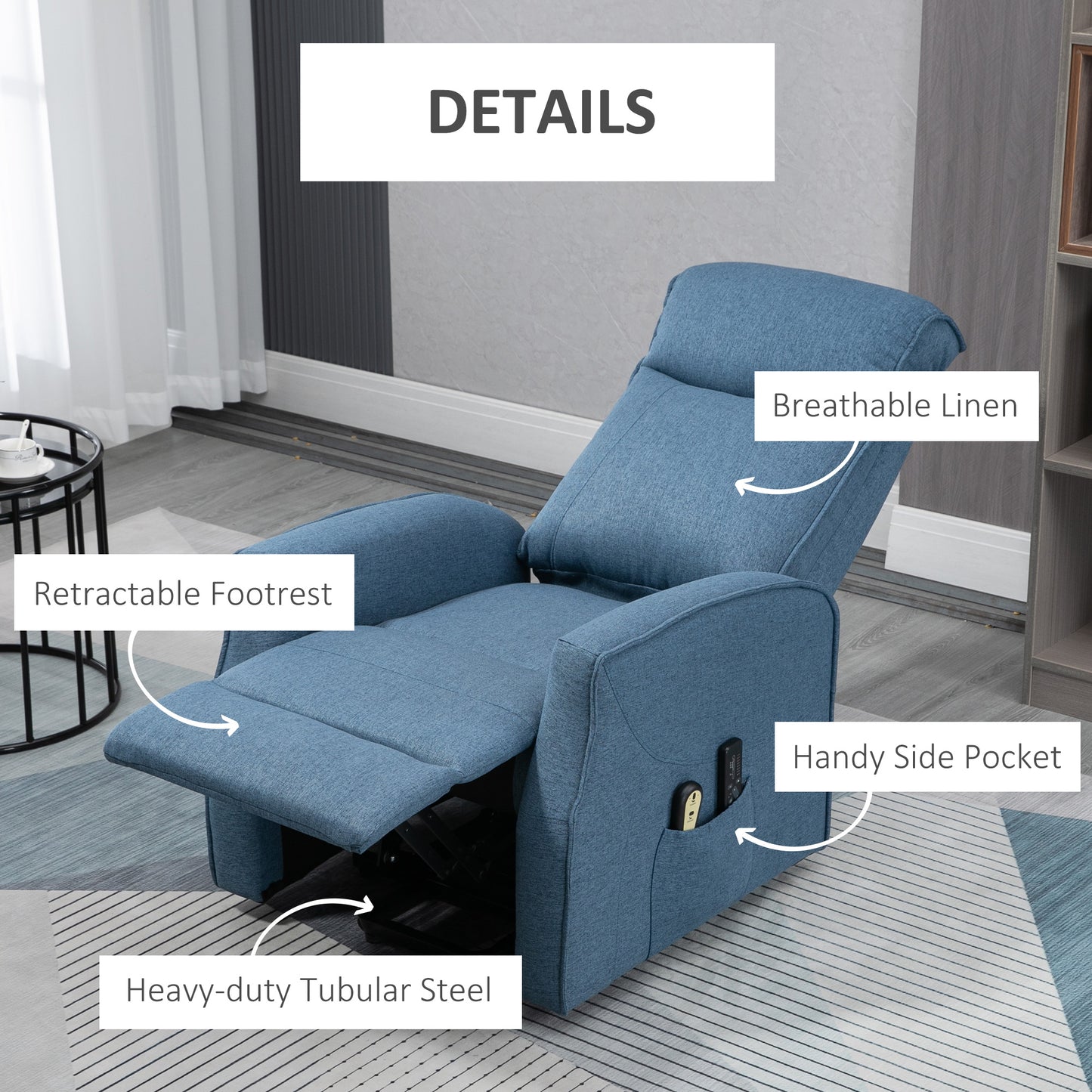 Power Lift Massage Recliner Chair for Elderly, Electric Linen Fabric Reclining Chair with 8 Vibration Points, Remote Control, Side Pockets, Blue