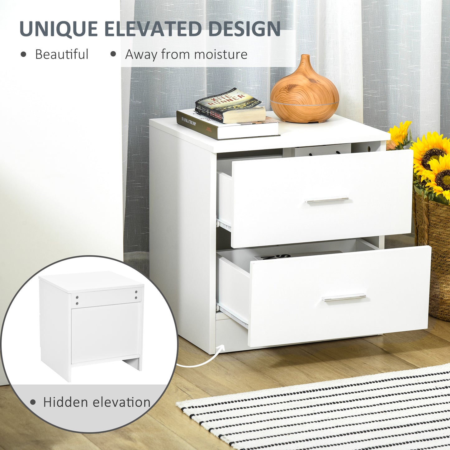 Bedside Table with 2 Drawers, Modern Nightstand, Cabinet Drawer Side Storage Unit for Bedroom, Living Room, White