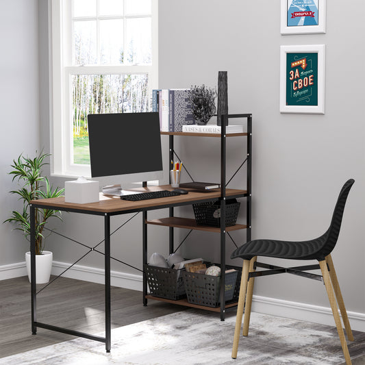 Study Desk with 4 Tier Bookshelf Computer Workstation Laptop Gaming Station with Open Shelves Home Office Furniture Walnut