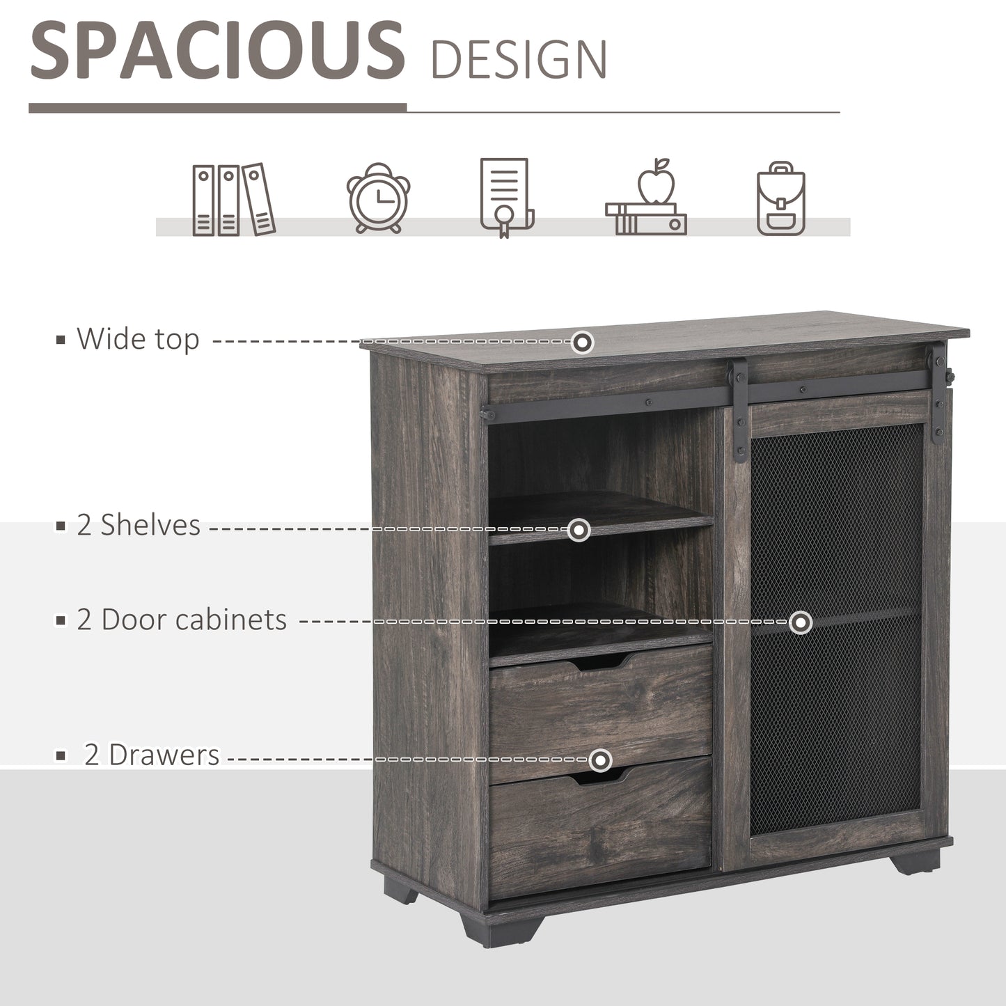 Industrial Freestanding Sideboard Buffet Sliding Door Storage Cabinet with 2 Drawers, 2 Shelves, 2 Door Cabinets, for Living Room, Dining Room, Kitchen, Bathroom, Entryway, Dark Brown and Black