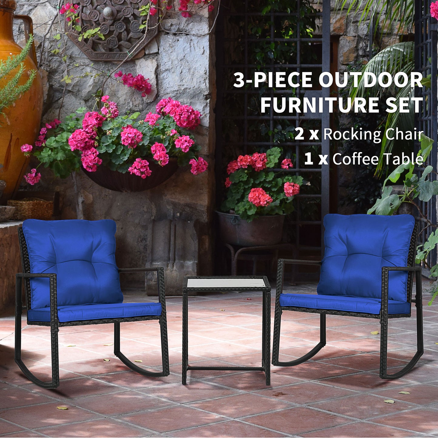 3 Pieces Rocking Bistro Set, Outdoor Wicker Patio Furniture with Glass Coffee Table and Outside Rocking Chairs for Porch, Conversation Sets with Thick Cushions, Blue