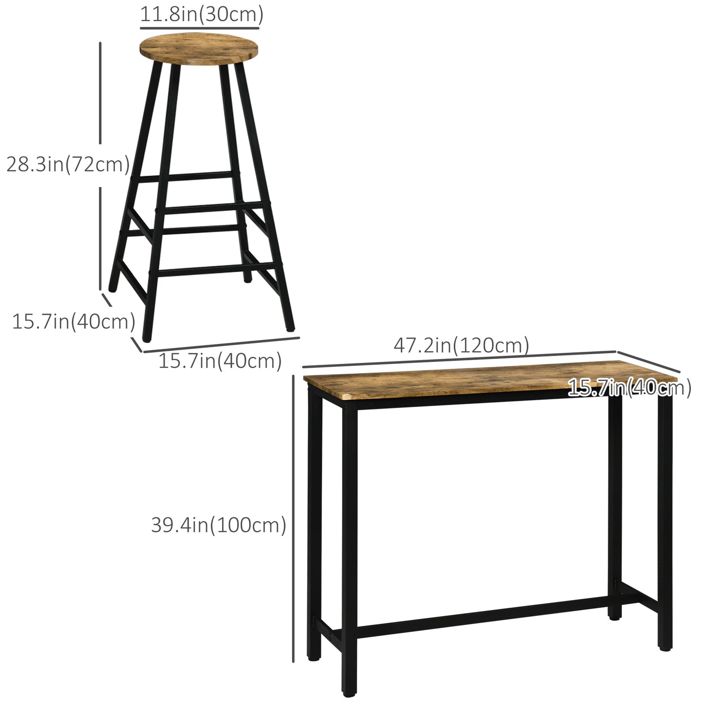 Dining Table Set, 3 Piece Rectangular Bar Table and Chairs Set, Breakfast Table Set for Kitchen, Living Room, Rustic Brown