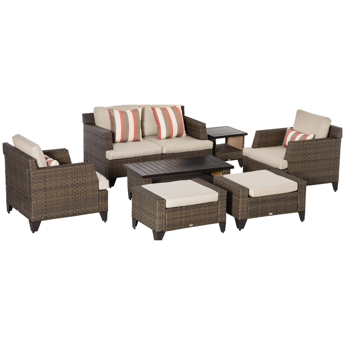 Outsunny 8 Pieces Patio Wicker Sofa Set, Outdoor PE Rattan Sectional Conversation Furniture Set w/ Aluminum Plate Top Table, Side Table & Cushion for Garden, Backyard, Beige