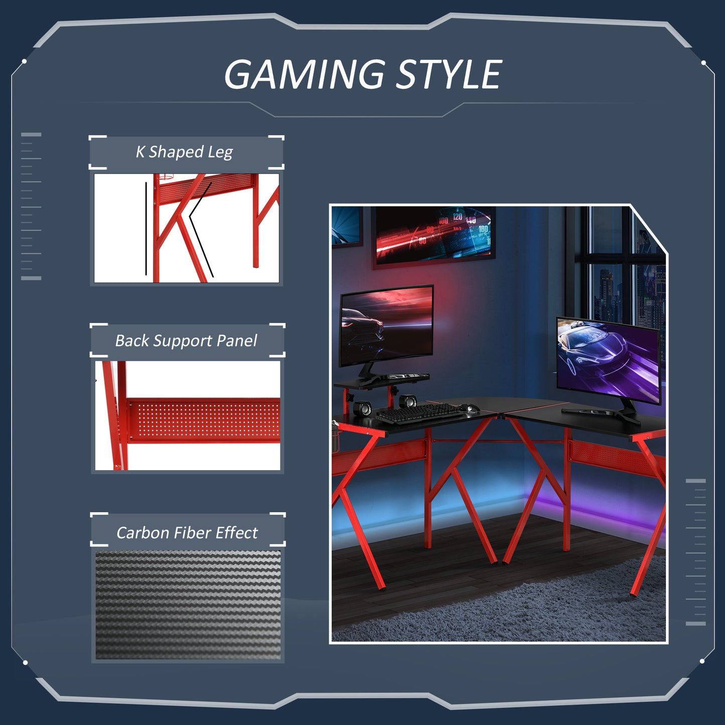 Gaming Desk, L-Shaped Corner Computer Table for Home Office, Workstations with Adjustable Monitor Stand Cup Holder Headphone Hook 49.25" x 49.25" x 29.5" Red