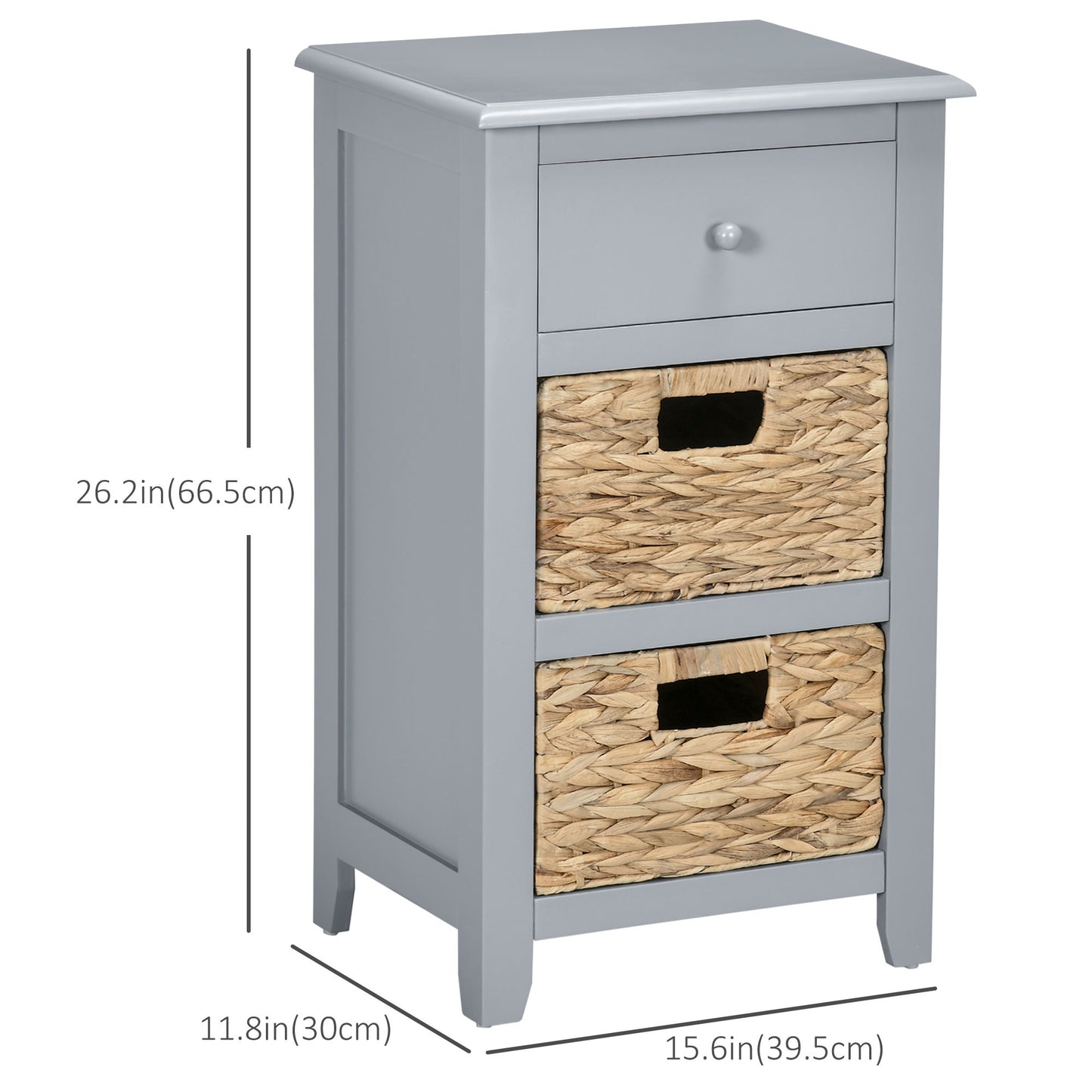 End Side Table with Removable Woven Baskets and Drawer for Living Room, Bedroom, 15.6"x11.8"x26.2", Grey