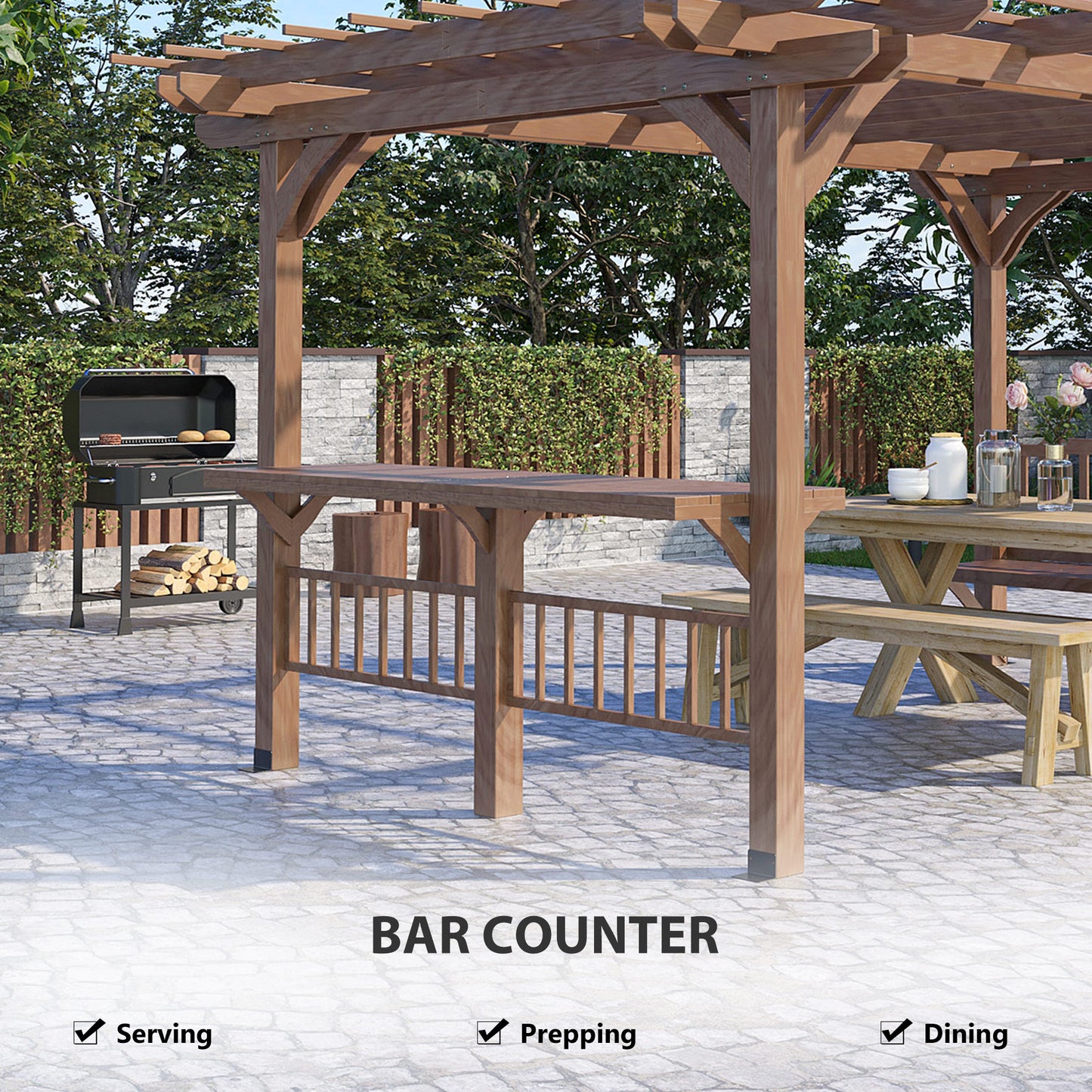 14' x 10' Outdoor Pergola, Wooden Gazebo Grill Canopy with Bar Counters and Seating Benches, for Garden, Patio, Backyard, Deck