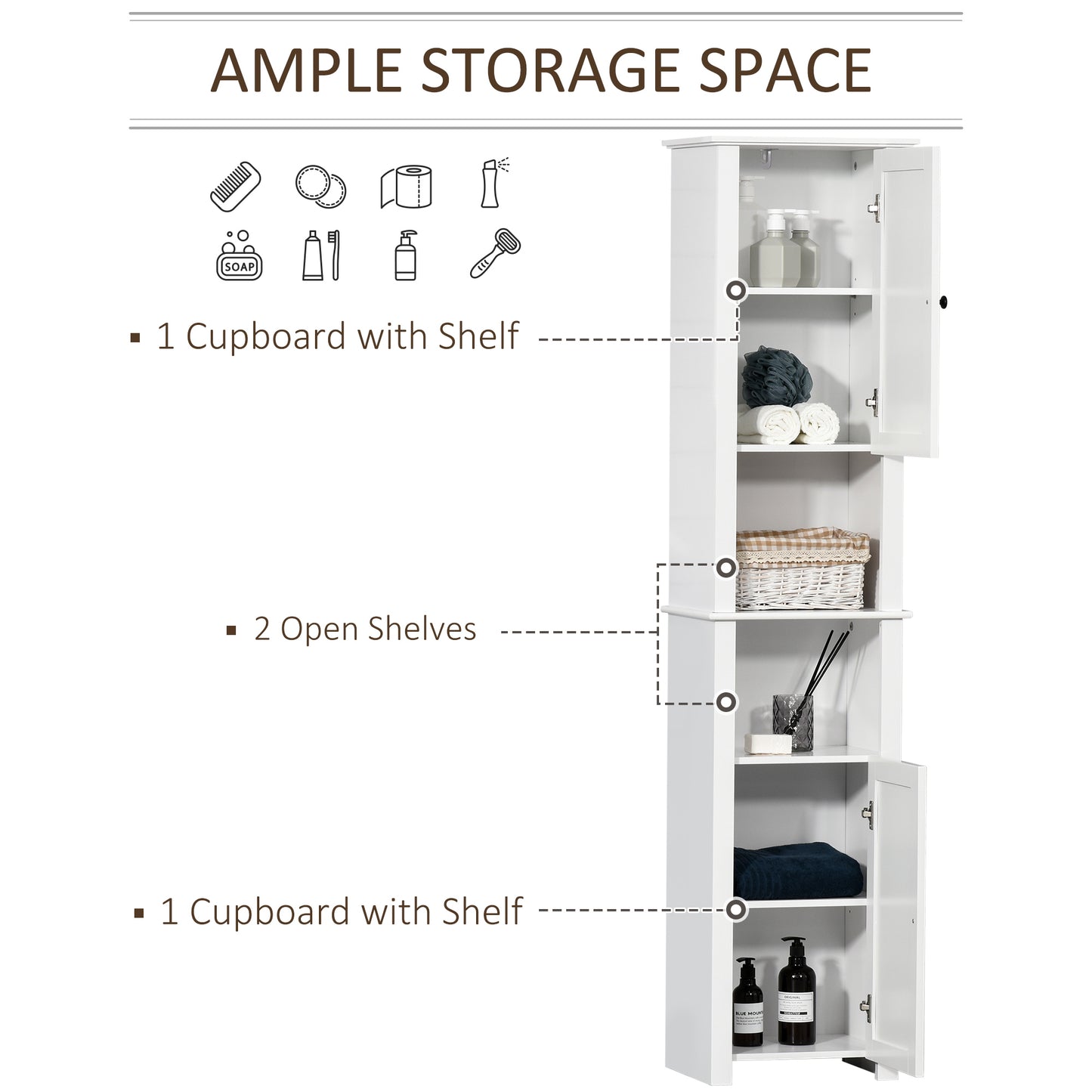 Tall Bathroom Storage Cabinet, Freestanding Linen Tower with 2-Tier Shelf and 2 Cupboards, Narrow Side Floor Organizer, White