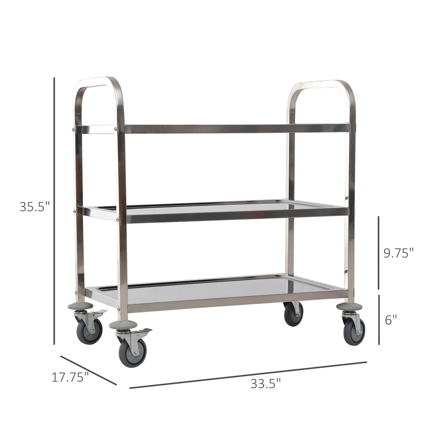 33" 3-Tier Kitchen Trolley Medical Treatment Laboratory Equipment Carts, Stainless Steel Rolling Kitchen Island, Wheeled Storage Utility Serving Cart, 330LBS Heavy Gauge